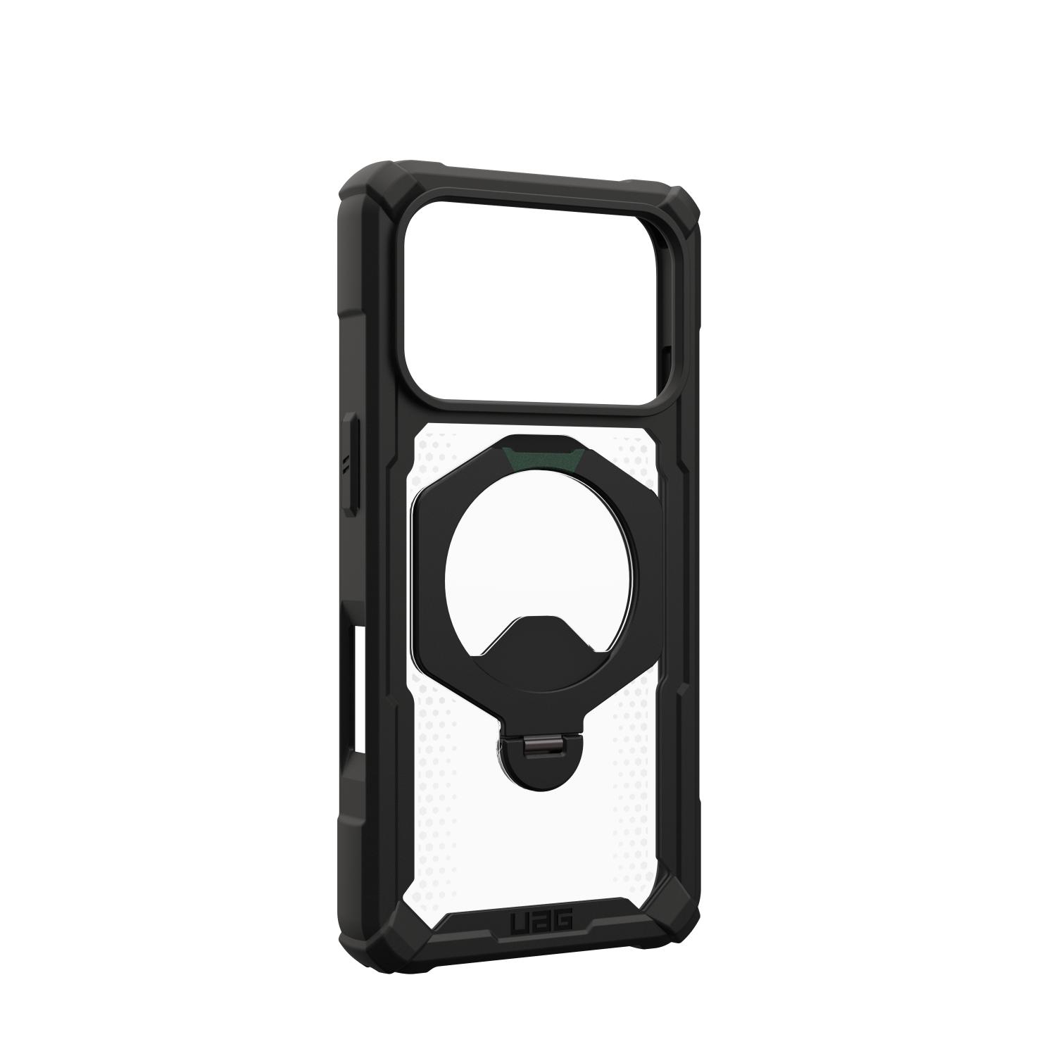 Angled rear view of the black UAG Plasma XTE 360 MagSafe case for Apple iPhone 18 Pro and iPhone 17 Pro, shown empty from the opposite side with the kickstand assembly visible.