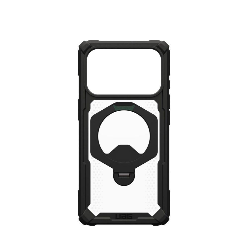 Straight rear view of the black UAG Plasma XTE 360 MagSafe case for Apple iPhone 18 Pro and iPhone 17 Pro, shown empty with the rotating metal kickstand visible.