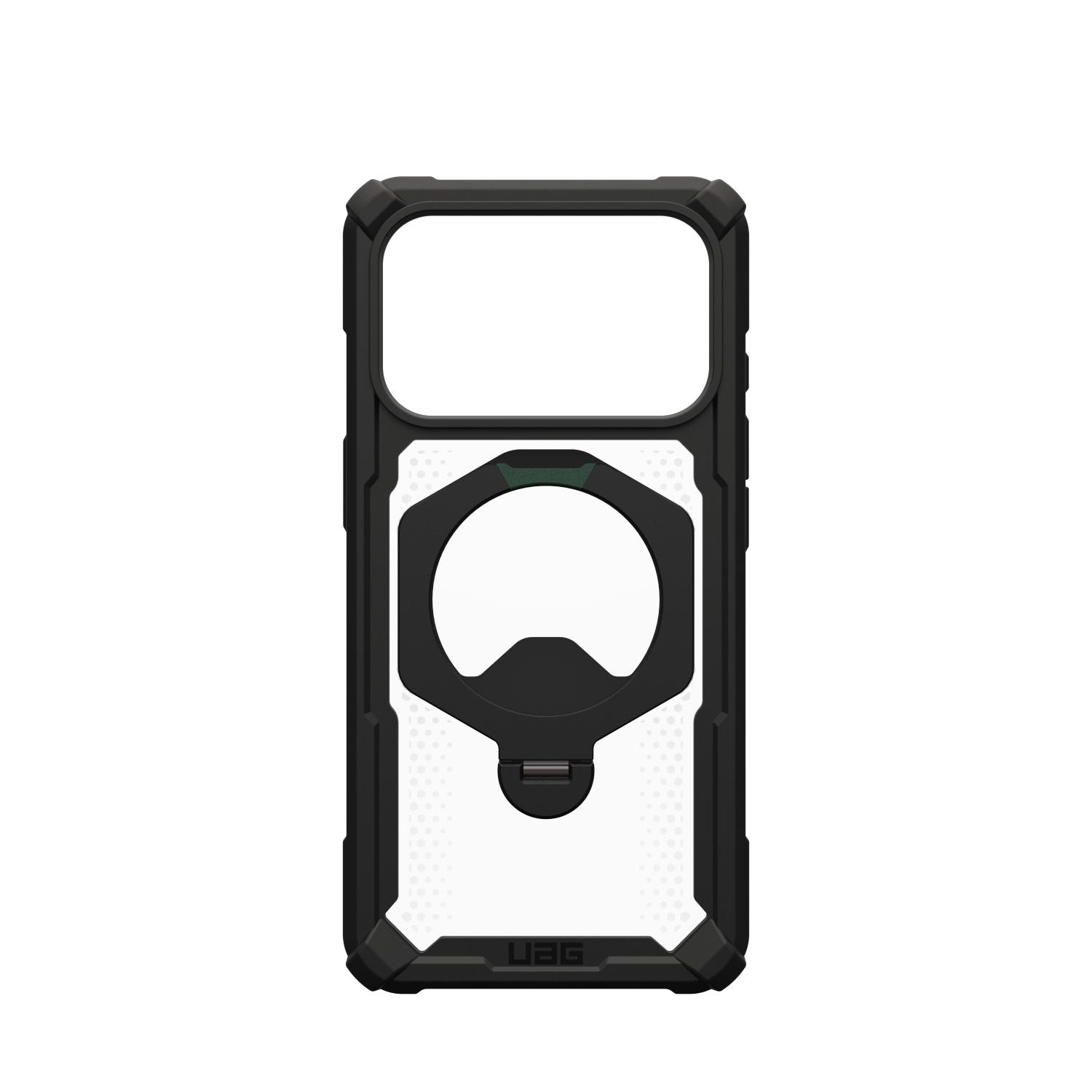 Straight rear view of the black UAG Plasma XTE 360 MagSafe case for Apple iPhone 18 Pro and iPhone 17 Pro, shown empty with the rotating metal kickstand visible.