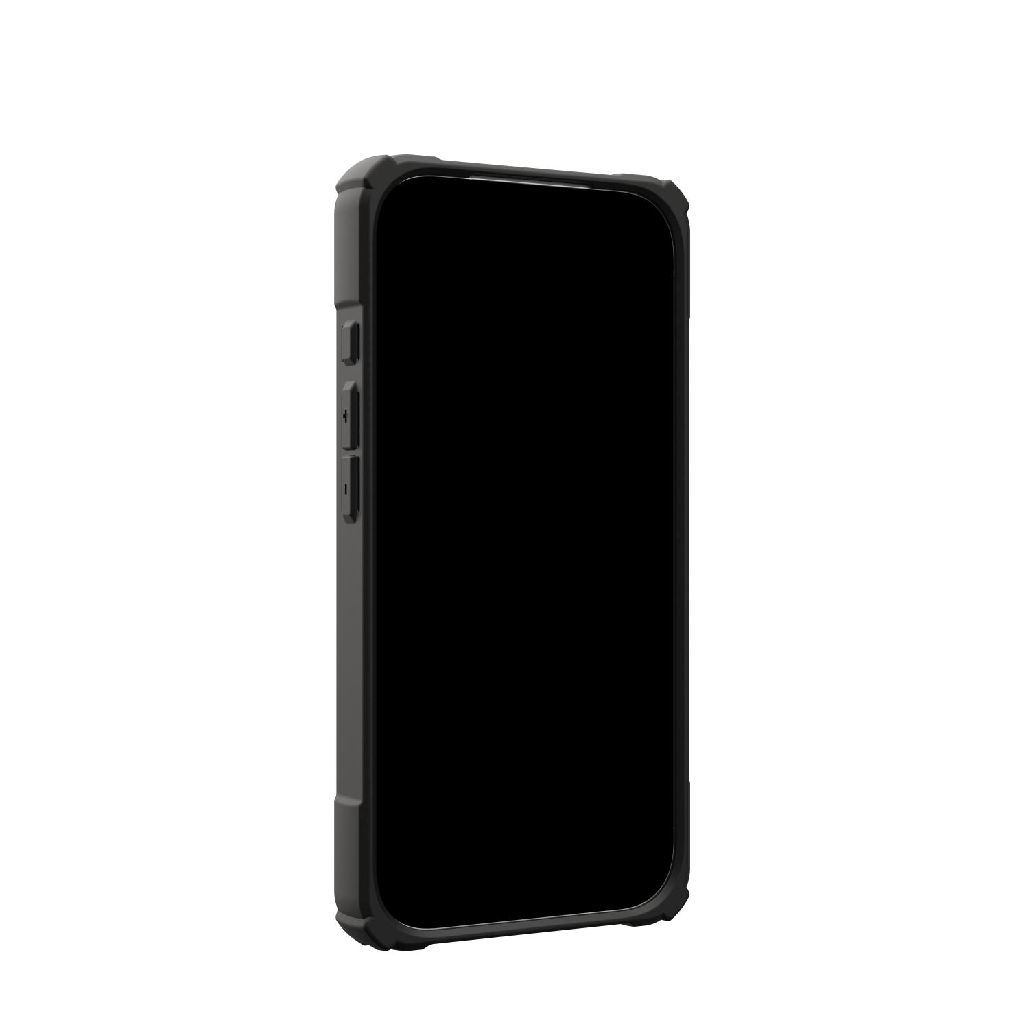 Angled front view of the black UAG Plasma XTE 360 MagSafe case for Apple iPhone 18 Pro and iPhone 17 Pro, fitted to the phone with the screen off and reinforced corners visible.