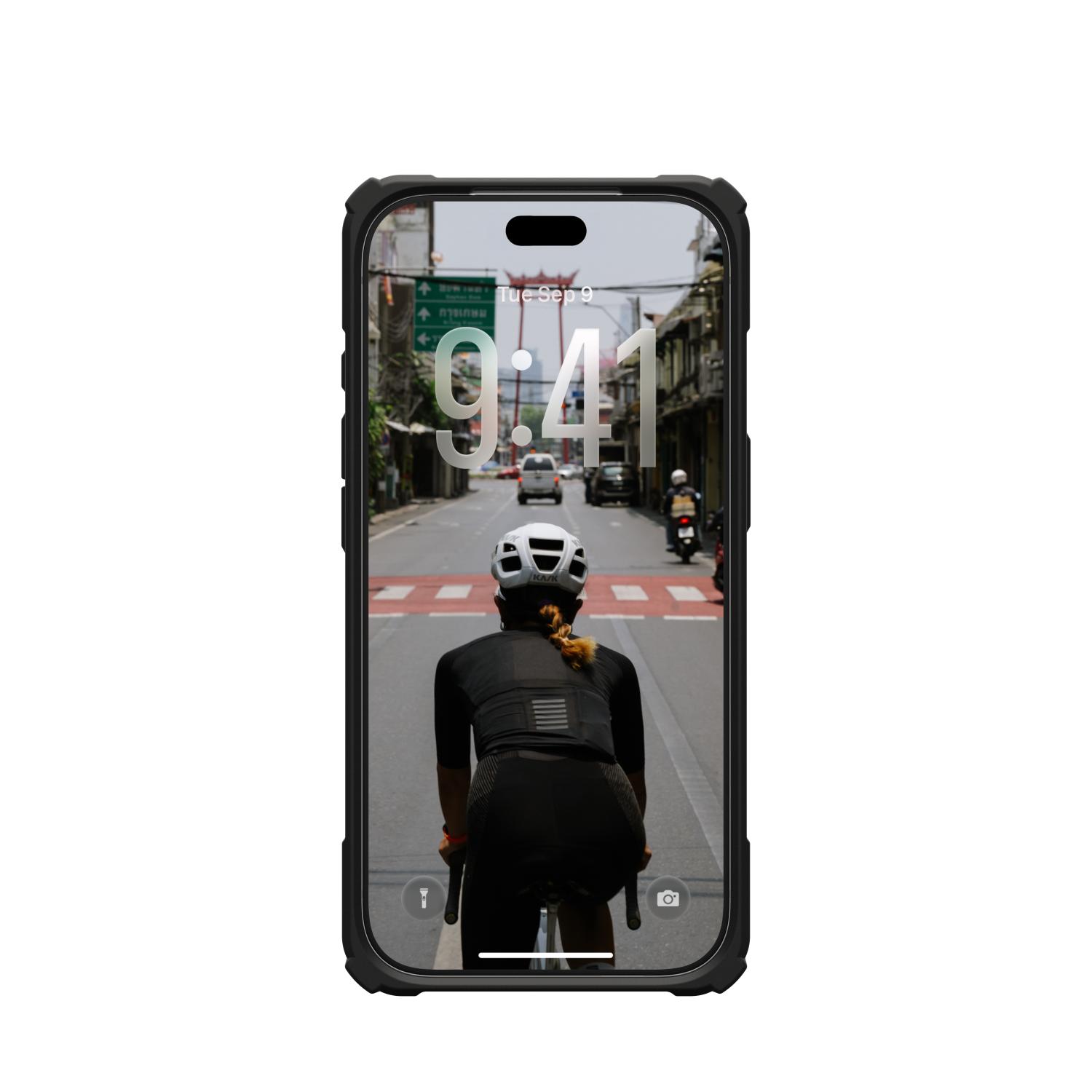 Straight front view of the black UAG Plasma XTE 360 MagSafe case for Apple iPhone 18 Pro and iPhone 17 Pro, fitted to the phone with the screen on.