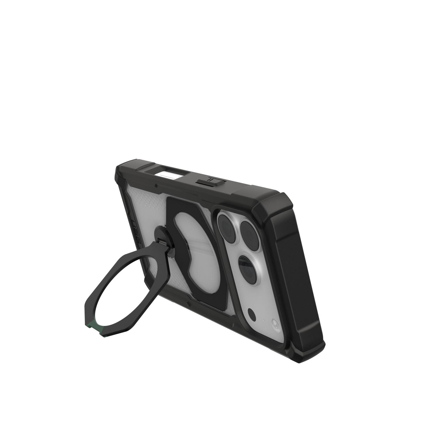 Angled landscape view of the black UAG Plasma XTE 360 MagSafe case for Apple iPhone 18 Pro and iPhone 17 Pro, fitted to the phone and supported by the extended rotating kickstand.