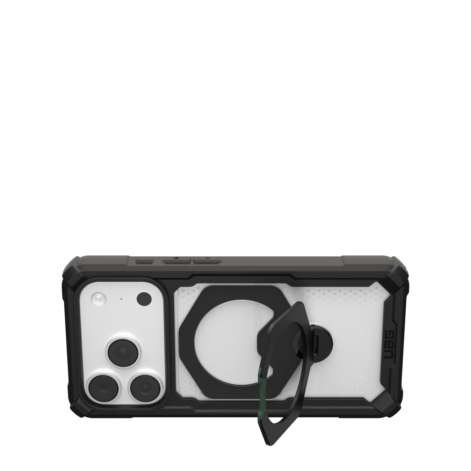 Landscape rear view of the black UAG Plasma XTE 360 MagSafe case for Apple iPhone 18 Pro and iPhone 17 Pro, fitted to the phone with the rotating kickstand extended.