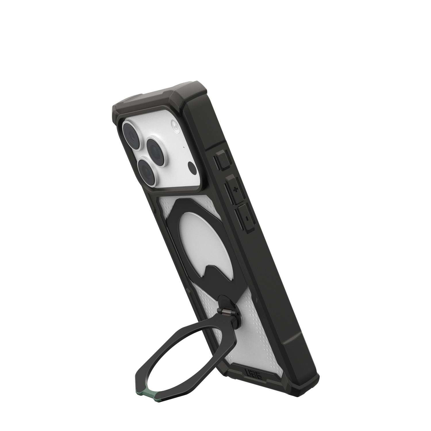Angled portrait view of the black UAG Plasma XTE 360 MagSafe case for Apple iPhone 18 Pro and iPhone 17 Pro, fitted to the phone and supported by the extended rotating kickstand.