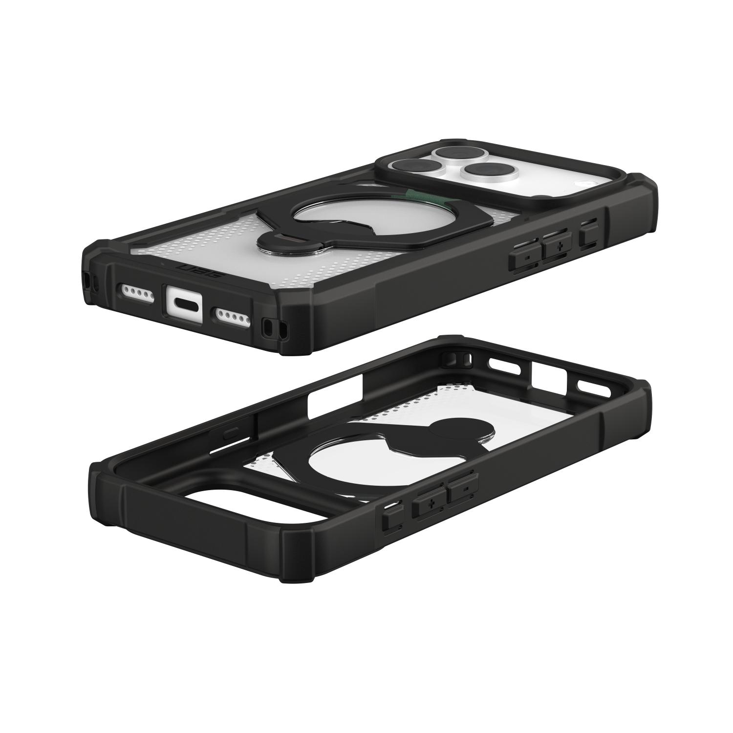 Exploded view of the black UAG Plasma XTE 360 MagSafe case for Apple iPhone 18 Pro and iPhone 17 Pro, showing the fitted rear above the empty interior and rotating kickstand mechanism.
