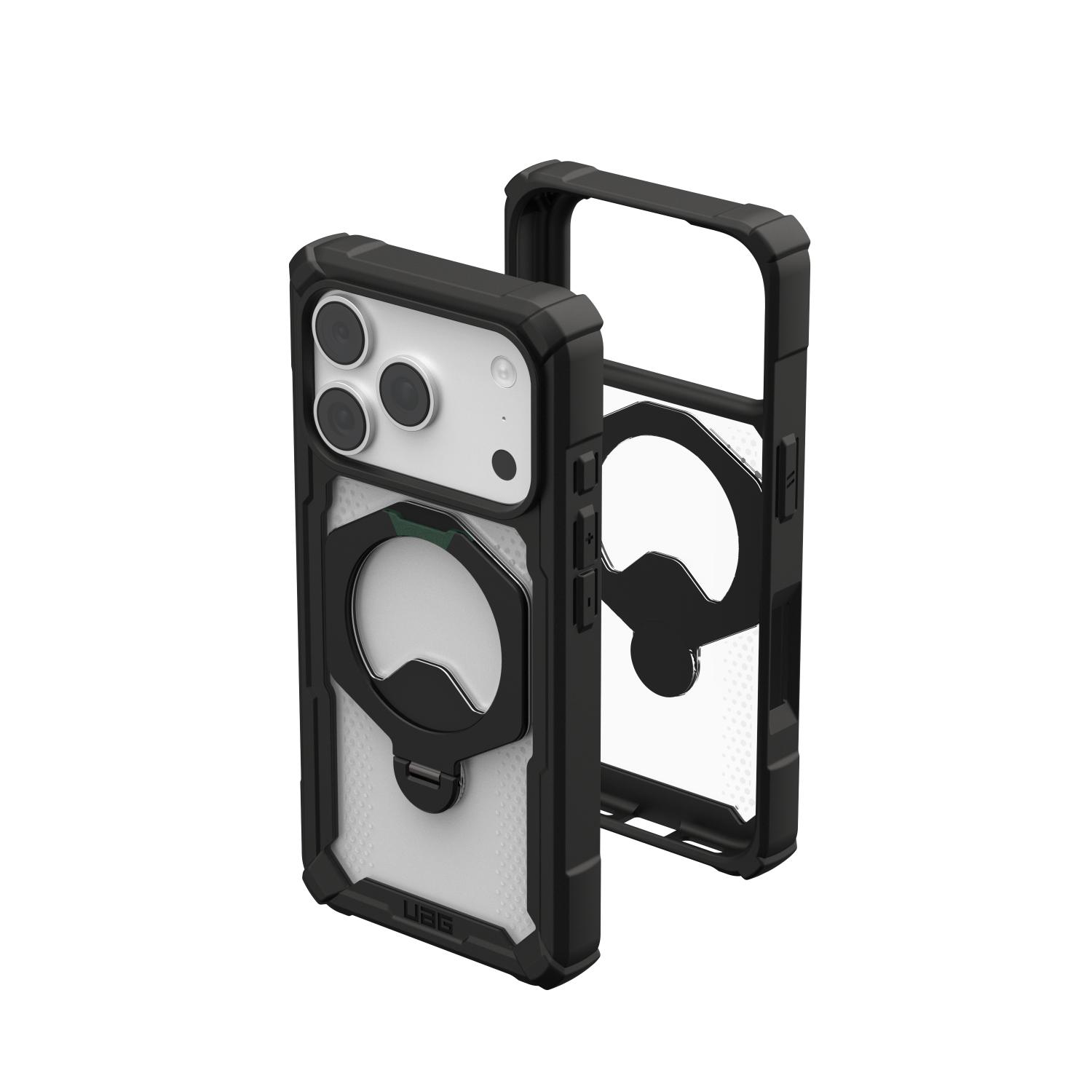 Standing comparison view of the black UAG Plasma XTE 360 MagSafe case for Apple iPhone 18 Pro and iPhone 17 Pro, showing the fitted rear beside the empty case interior.