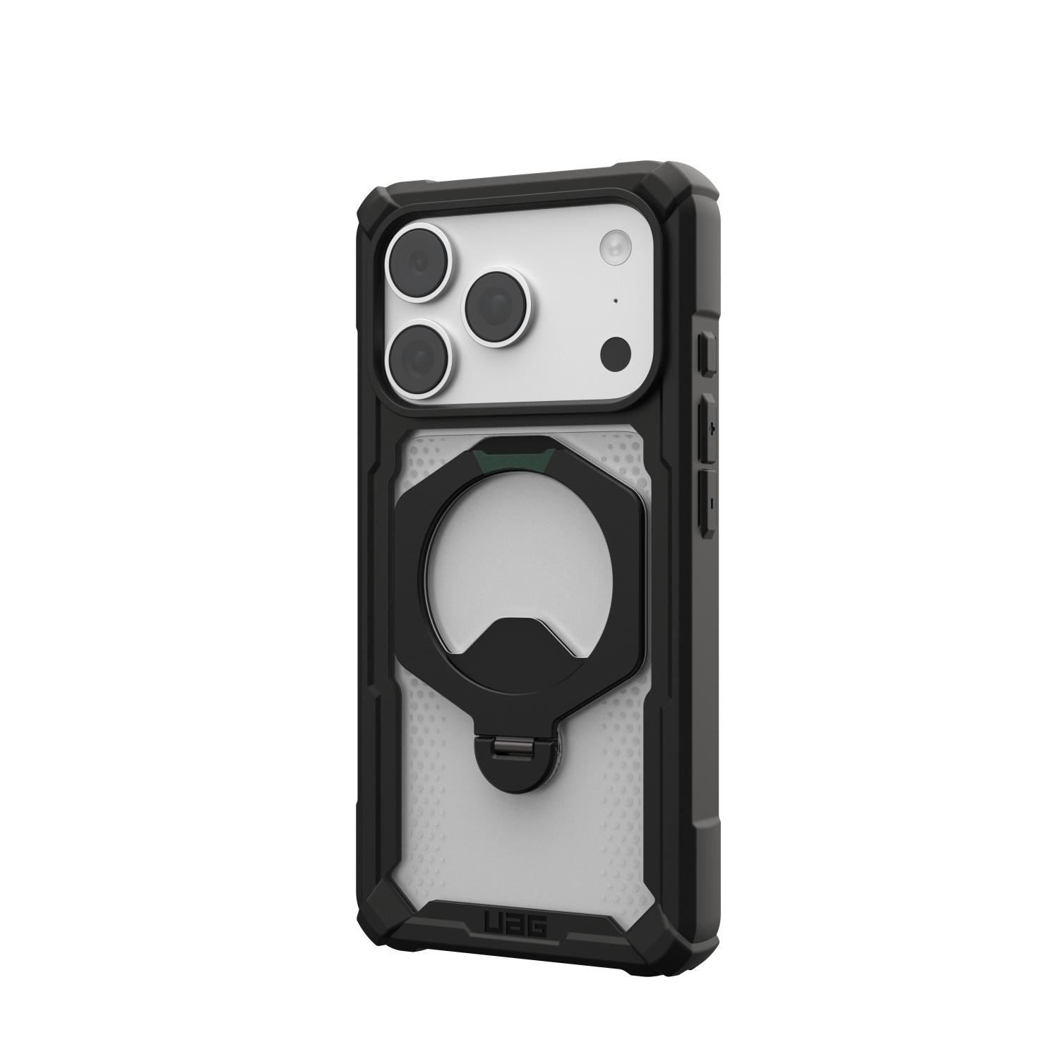 Angled rear view of the black UAG Plasma XTE 360 MagSafe case for Apple iPhone 18 Pro and iPhone 17 Pro, fitted to the phone with the side buttons and rotating kickstand visible.