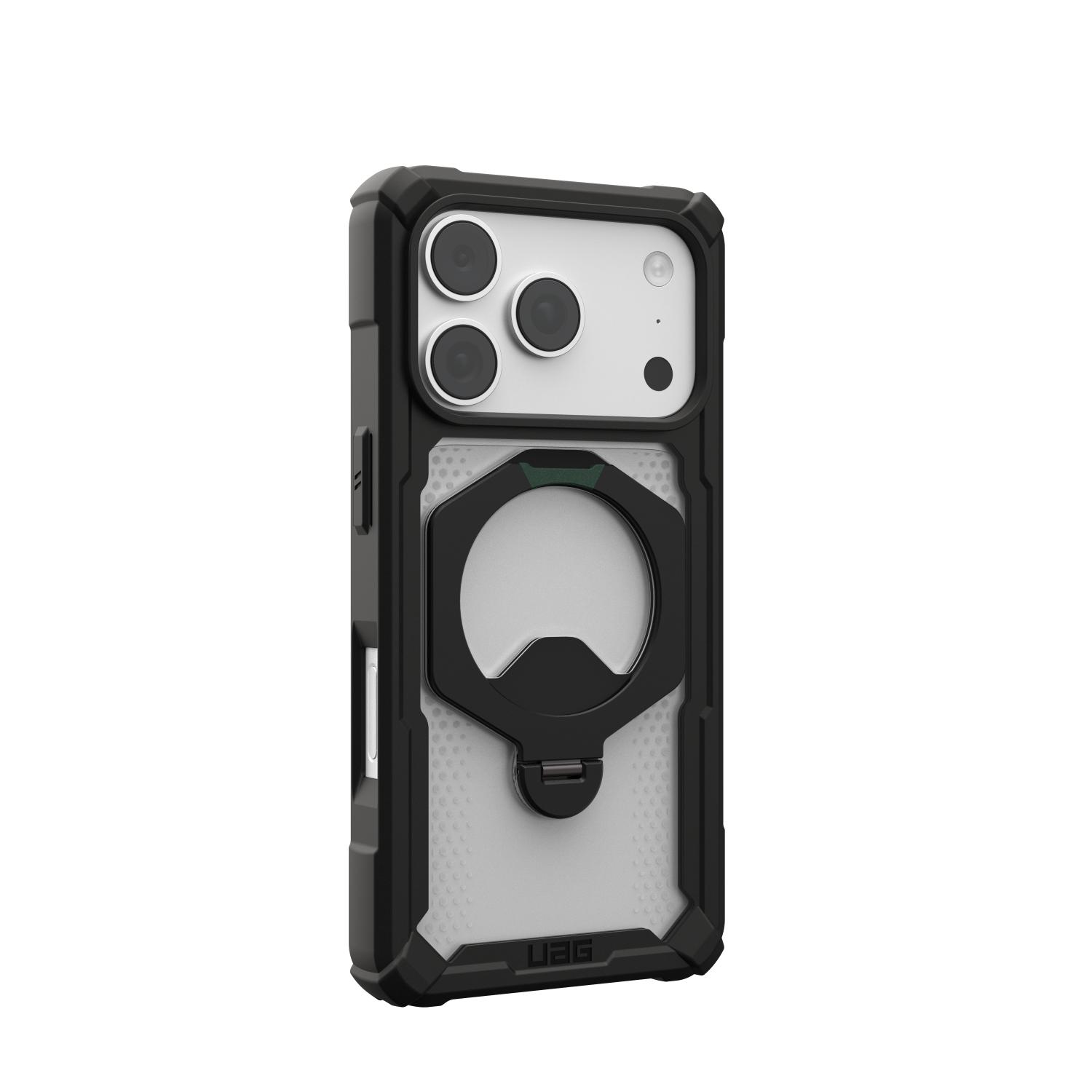Angled rear view of the black UAG Plasma XTE 360 MagSafe case for Apple iPhone 18 Pro and iPhone 17 Pro, fitted to the phone with the rotating kickstand folded flat.