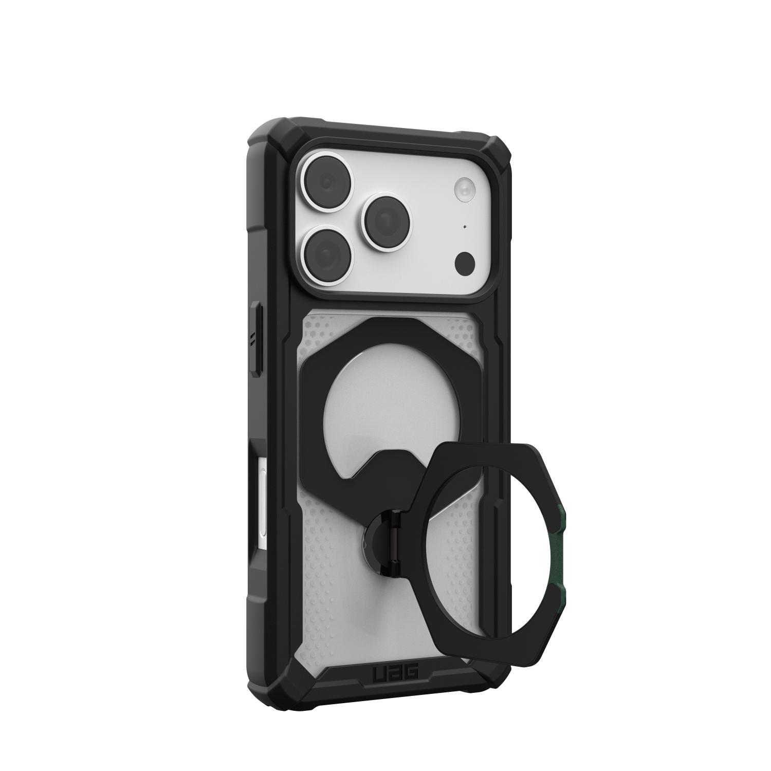 Rear angled view of the black UAG Plasma XTE 360 MagSafe case for Apple iPhone 18 Pro and iPhone 17 Pro, fitted to the phone with the rotating kickstand fully extended.