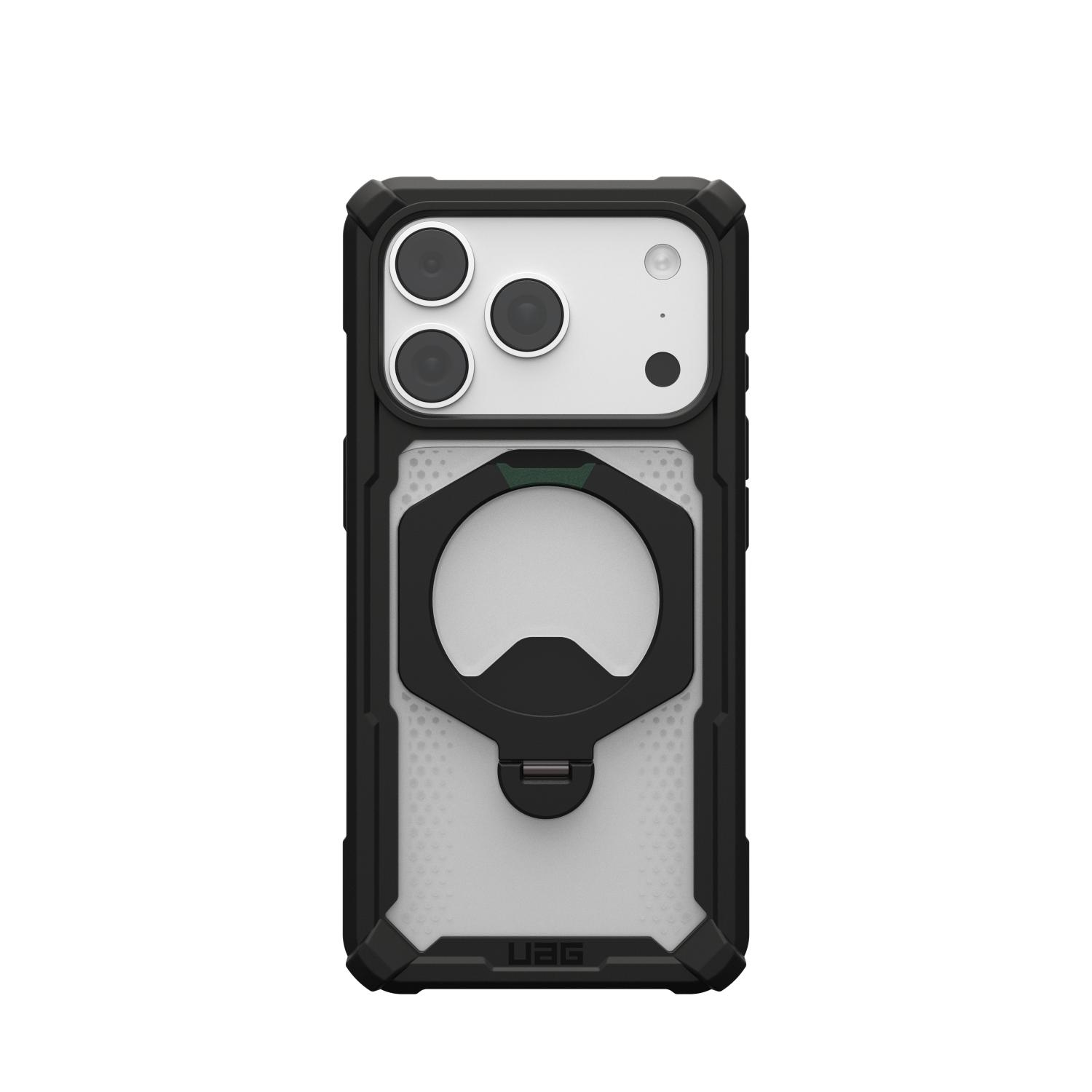 Straight rear view of the black UAG Plasma XTE 360 MagSafe case for Apple iPhone 18 Pro and iPhone 17 Pro, fitted to the phone with the rotating kickstand visible.