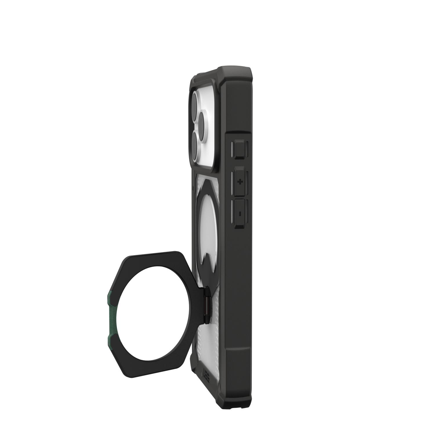 Side profile of the black UAG Plasma XTE 360 MagSafe case for Apple iPhone 18 Pro and iPhone 17 Pro, fitted to the phone with the rotating kickstand extended.