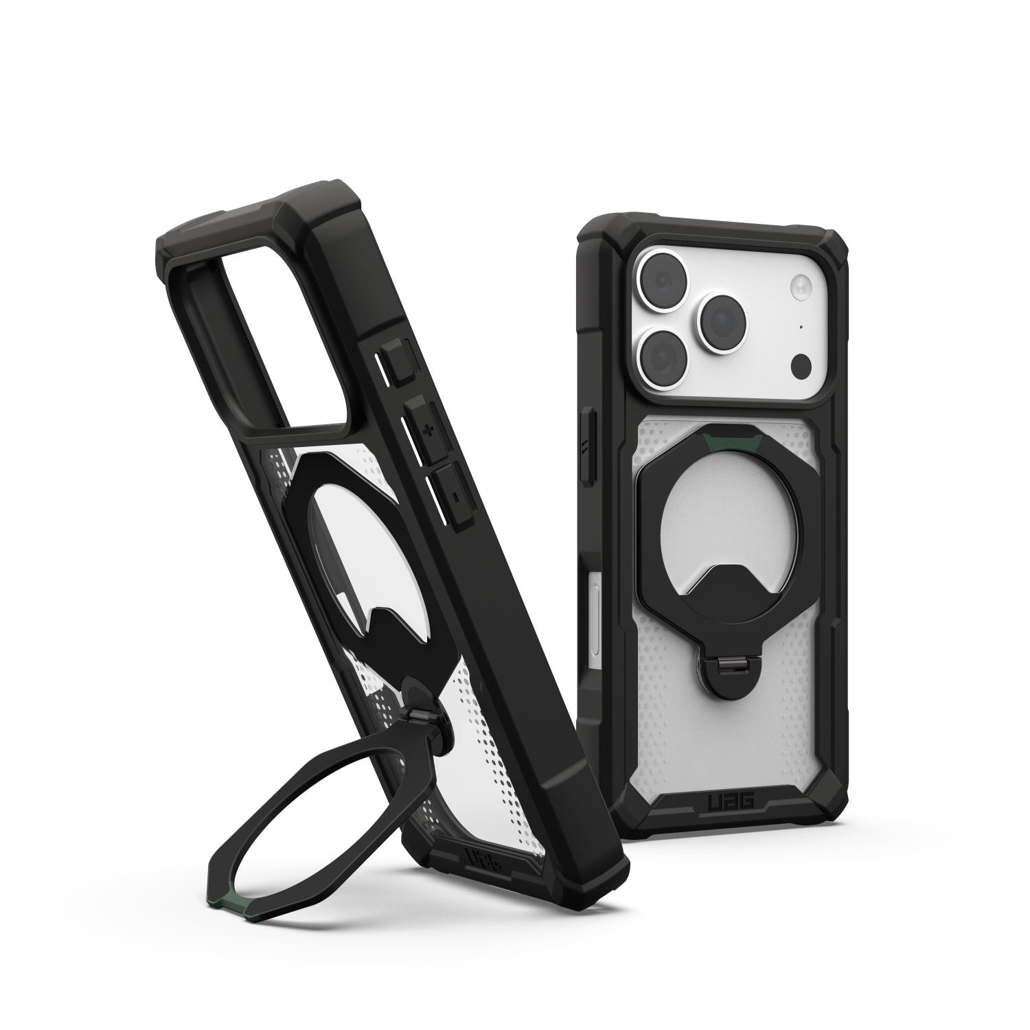 Two-view display of the black UAG Plasma XTE 360 MagSafe case for Apple iPhone 18 Pro and iPhone 17 Pro, showing one case with the rotating kickstand extended and one fitted rear view.