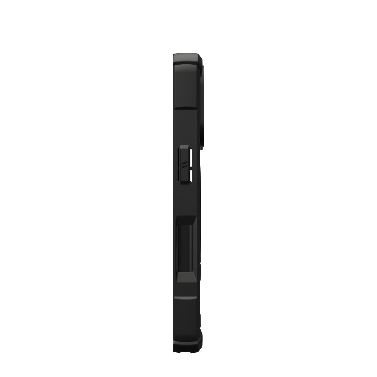Side profile of the black UAG Plasma XTE 360 MagSafe case for Apple iPhone 18 Pro and iPhone 17 Pro, showing the side control cutout and raised camera surround.