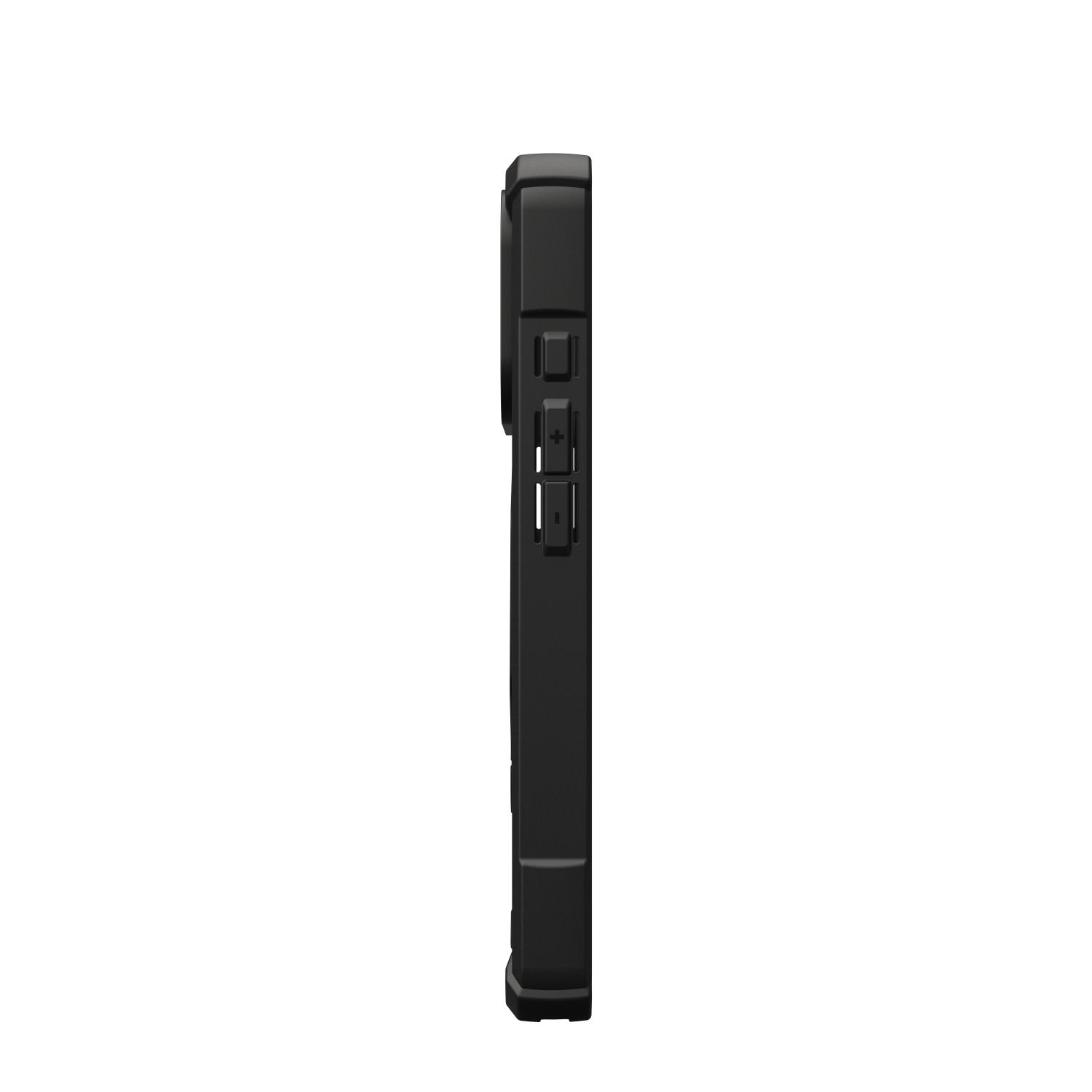 Side profile of the black UAG Plasma XTE 360 MagSafe case for Apple iPhone 18 Pro and iPhone 17 Pro, showing the raised volume controls and side button.