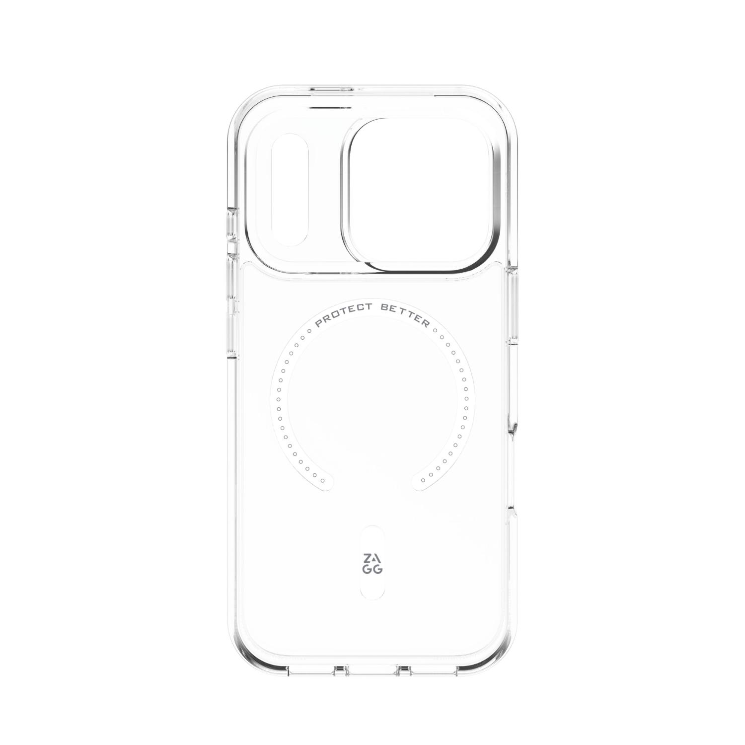 Interior view of the empty clear ZAGG Crystal Palace Snap Lite case for Apple iPhone 18 Pro / iPhone 17 Pro, showing the printed magnetic ring detail and ZAGG branding.