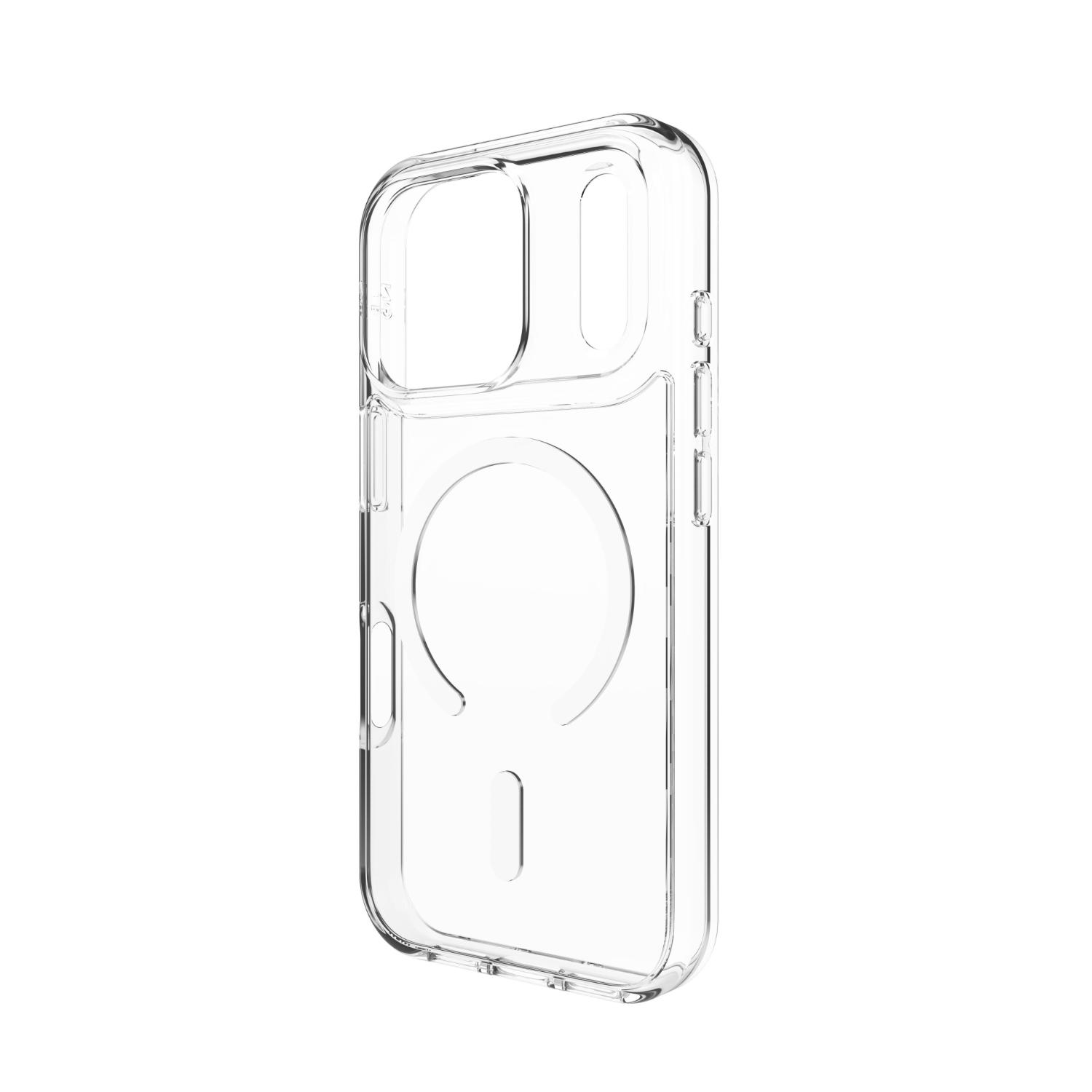 Clear ZAGG Crystal Palace Snap Lite case for Apple iPhone 18 Pro / iPhone 17 Pro shown empty at a rear angle, with the camera opening, magnetic ring and side control covers visible.