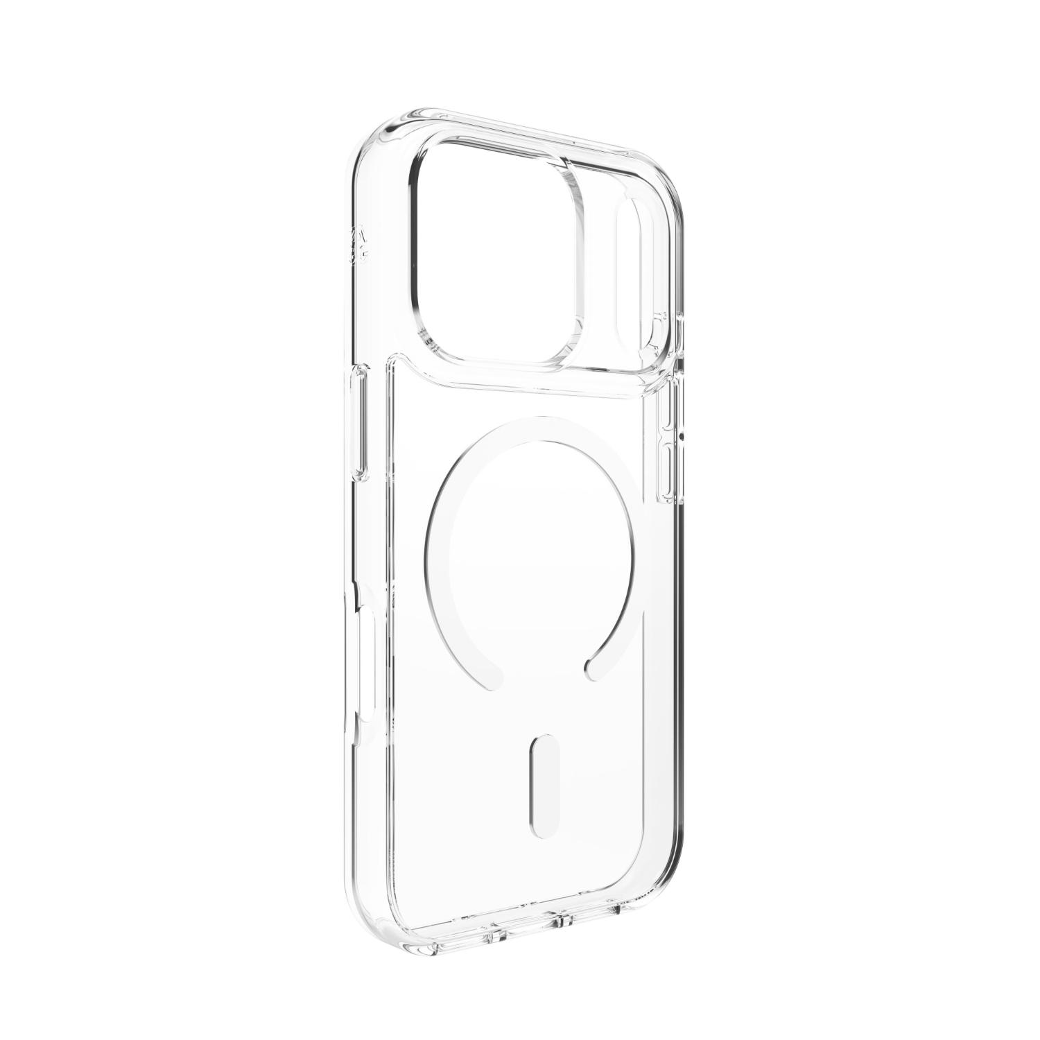 Empty clear ZAGG Crystal Palace Snap Lite case for Apple iPhone 18 Pro / iPhone 17 Pro shown from the opposite rear angle, highlighting the transparent edges and magnetic ring.