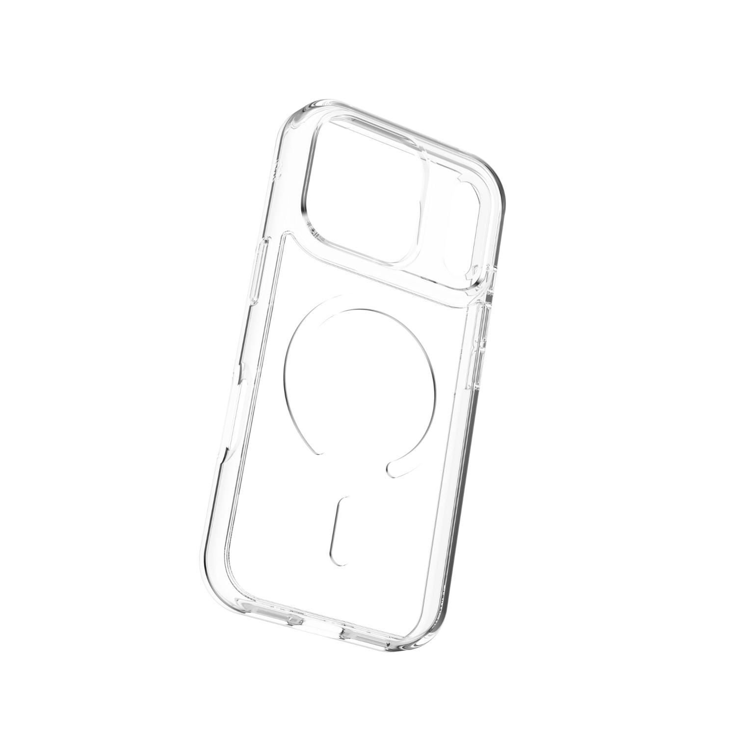 Tilted rear view of the empty clear ZAGG Crystal Palace Snap Lite case for Apple iPhone 18 Pro / iPhone 17 Pro, showing the large camera opening and magnetic ring.