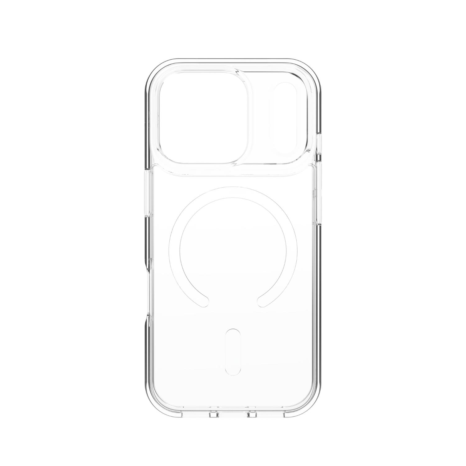 Rear view of the empty clear ZAGG Crystal Palace Snap Lite case for Apple iPhone 18 Pro / iPhone 17 Pro, showing the camera opening and magnetic ring.