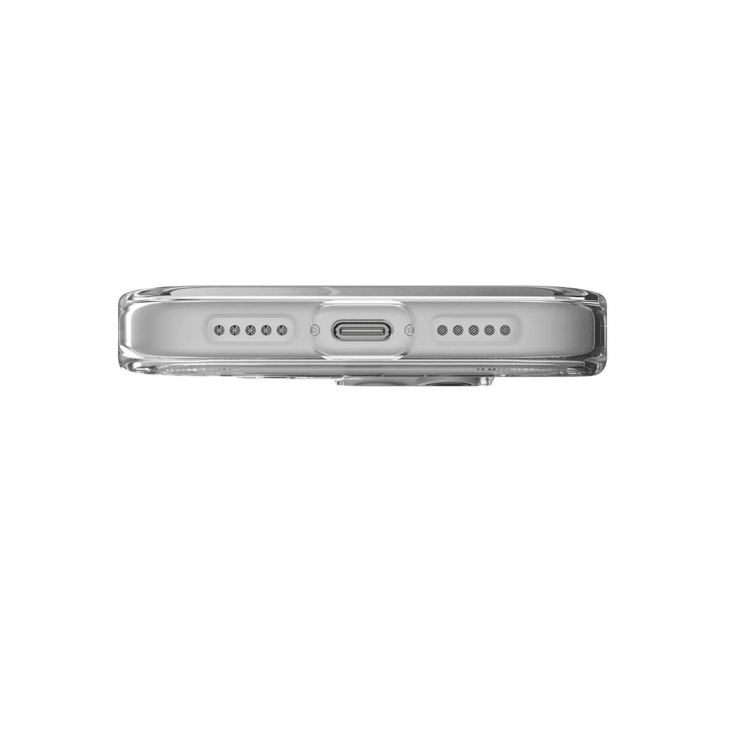 Bottom edge of an Apple iPhone 18 Pro / iPhone 17 Pro fitted with the clear ZAGG Crystal Palace Snap Lite case, showing the charging port and speaker cut-outs.