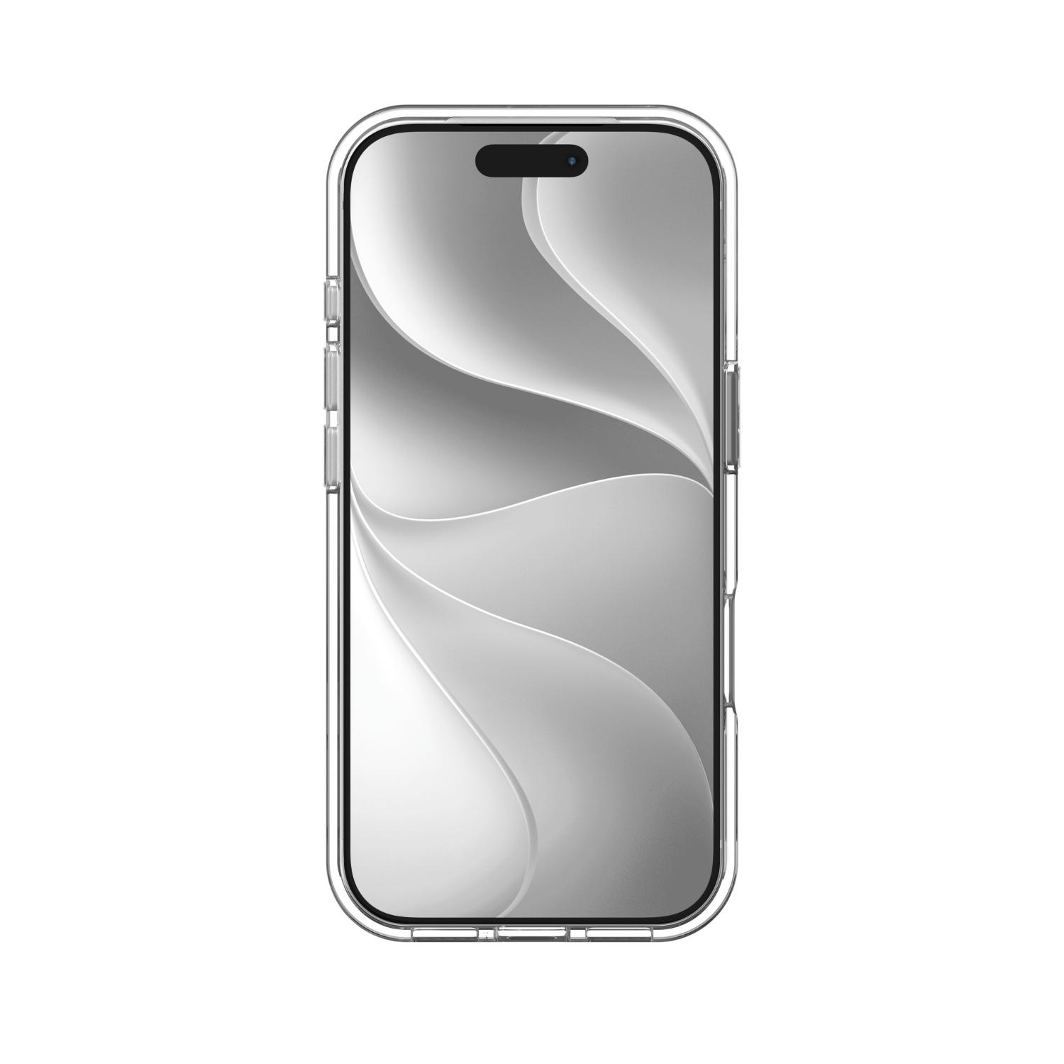 Front view of an Apple iPhone 18 Pro / iPhone 17 Pro fitted with the clear ZAGG Crystal Palace Snap Lite case, showing the transparent raised edge around the screen.