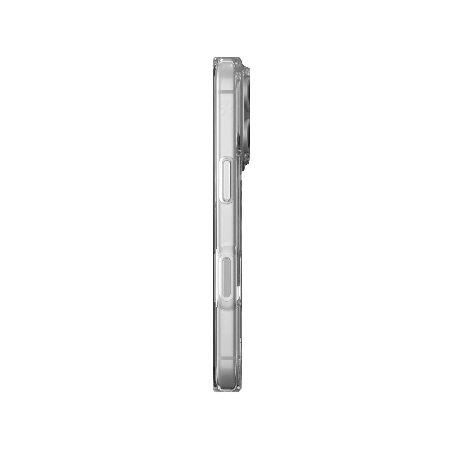 Opposite side profile of an Apple iPhone 18 Pro / iPhone 17 Pro fitted with the clear ZAGG Crystal Palace Snap Lite case, showing the slim transparent edge and side control cover.