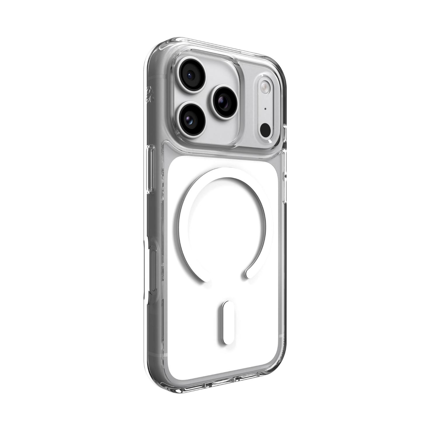 Opposite rear angle of the clear ZAGG Crystal Palace Snap Lite case fitted to an Apple iPhone 18 Pro / iPhone 17 Pro, showing the transparent edge and magnetic ring.