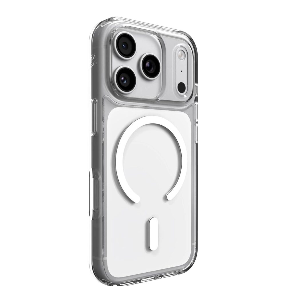 Clear ZAGG Crystal Palace Snap Lite case fitted to an Apple iPhone 18 Pro / iPhone 17 Pro, shown from a rear three-quarter angle with the magnetic ring visible.