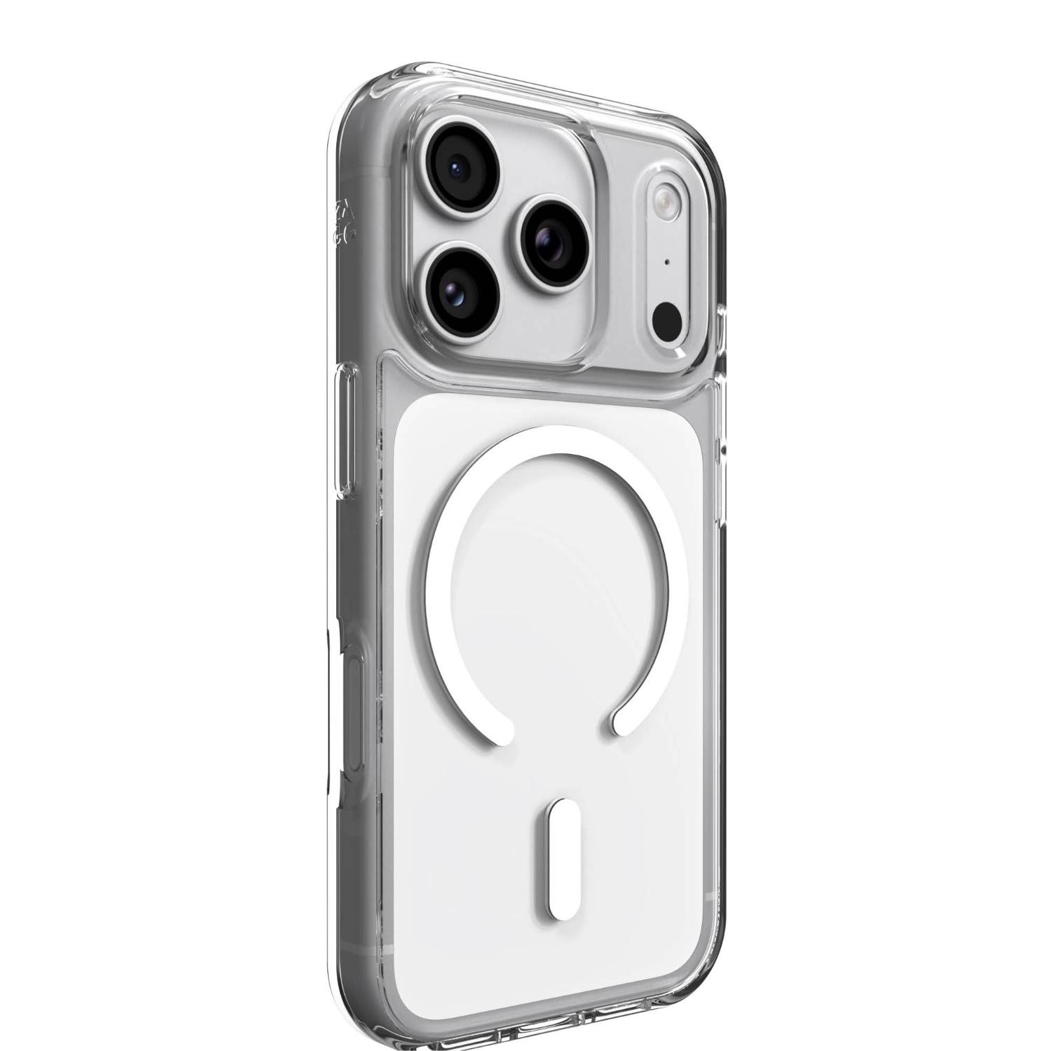 Clear ZAGG Crystal Palace Snap Lite case fitted to an Apple iPhone 18 Pro / iPhone 17 Pro, shown from a rear three-quarter angle with the magnetic ring visible.