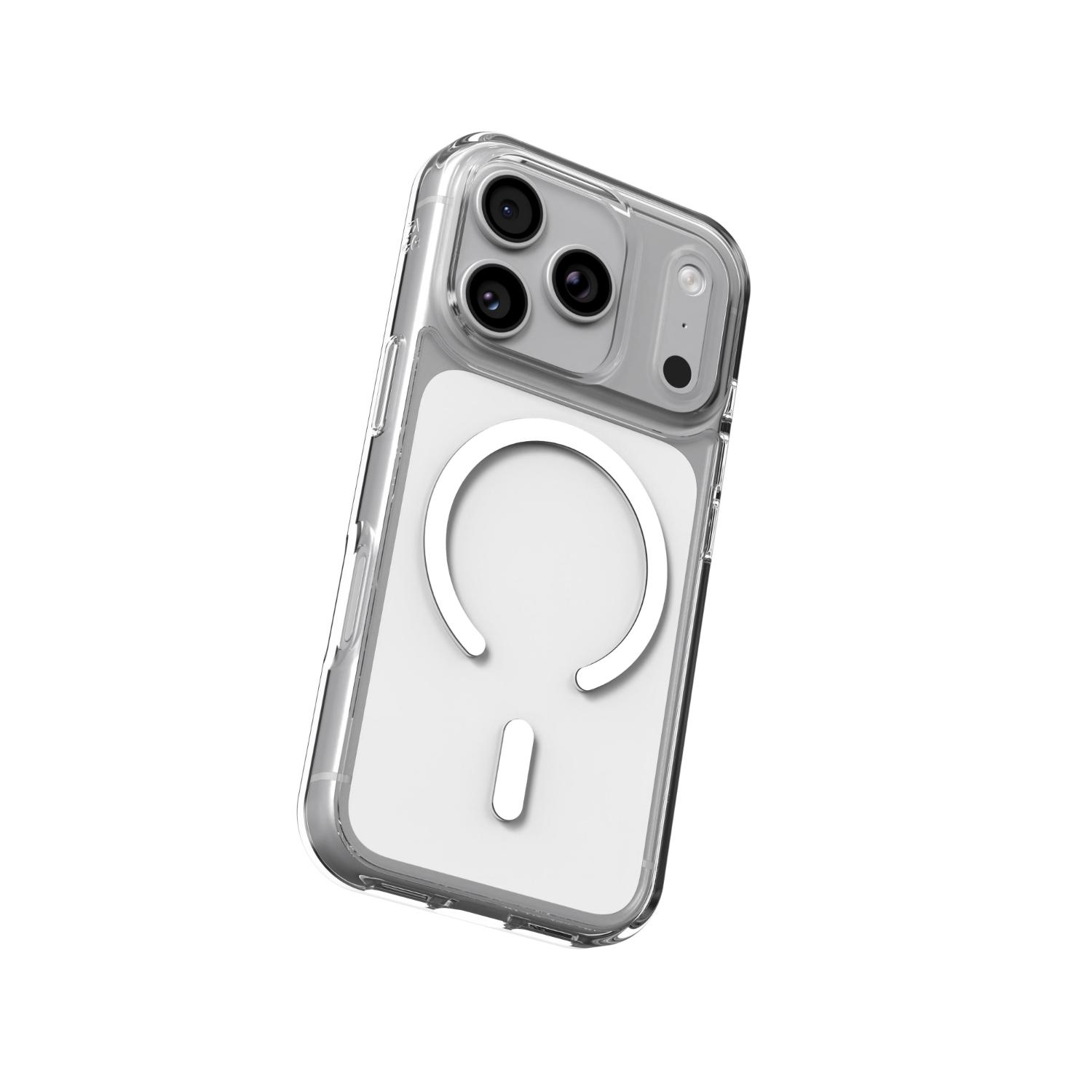 Tilted rear view of the clear ZAGG Crystal Palace Snap Lite case fitted to an Apple iPhone 18 Pro / iPhone 17 Pro, with the camera cut-out and magnetic ring visible.