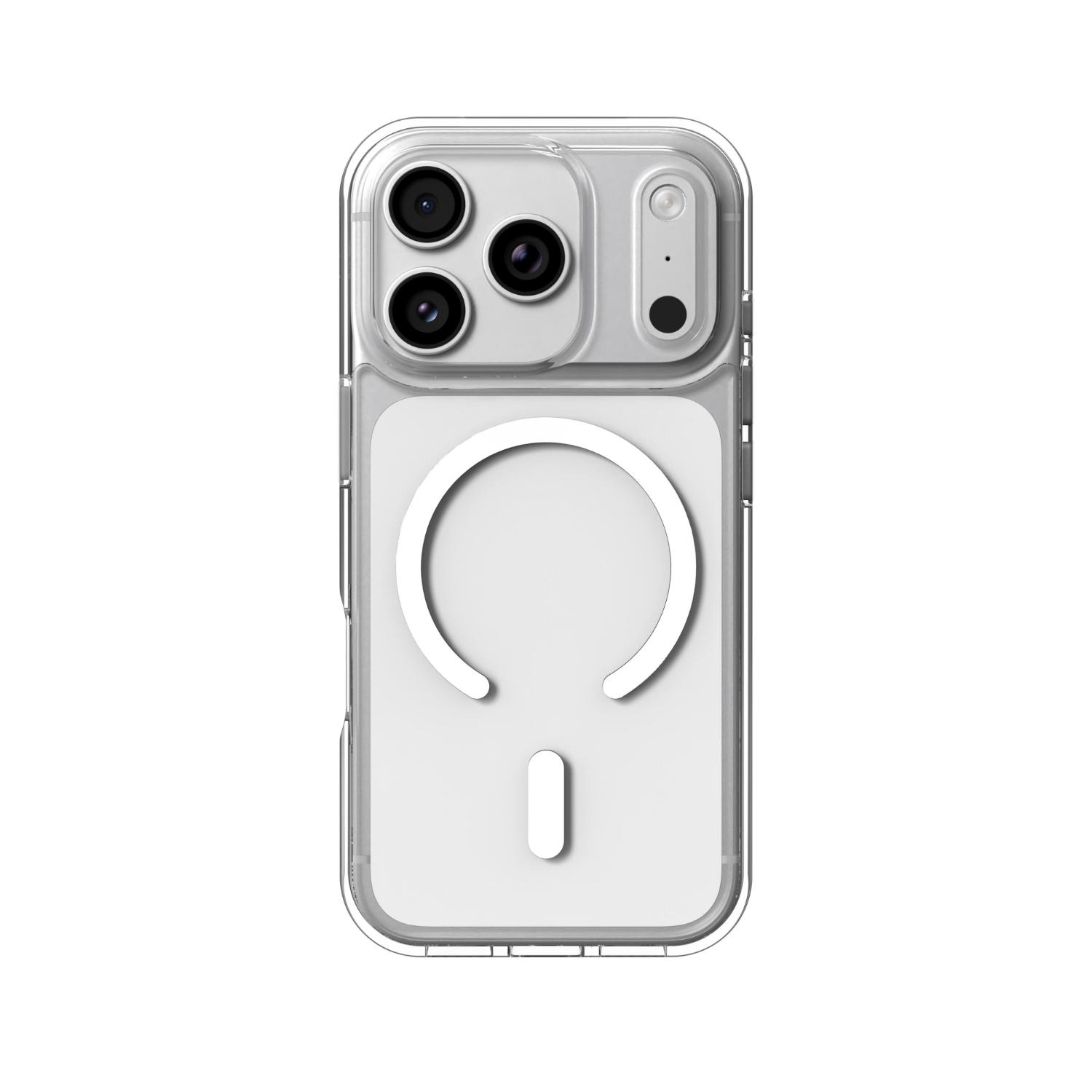 Rear view of the clear ZAGG Crystal Palace Snap Lite case fitted to an Apple iPhone 18 Pro / iPhone 17 Pro, with the camera area and magnetic ring visible.