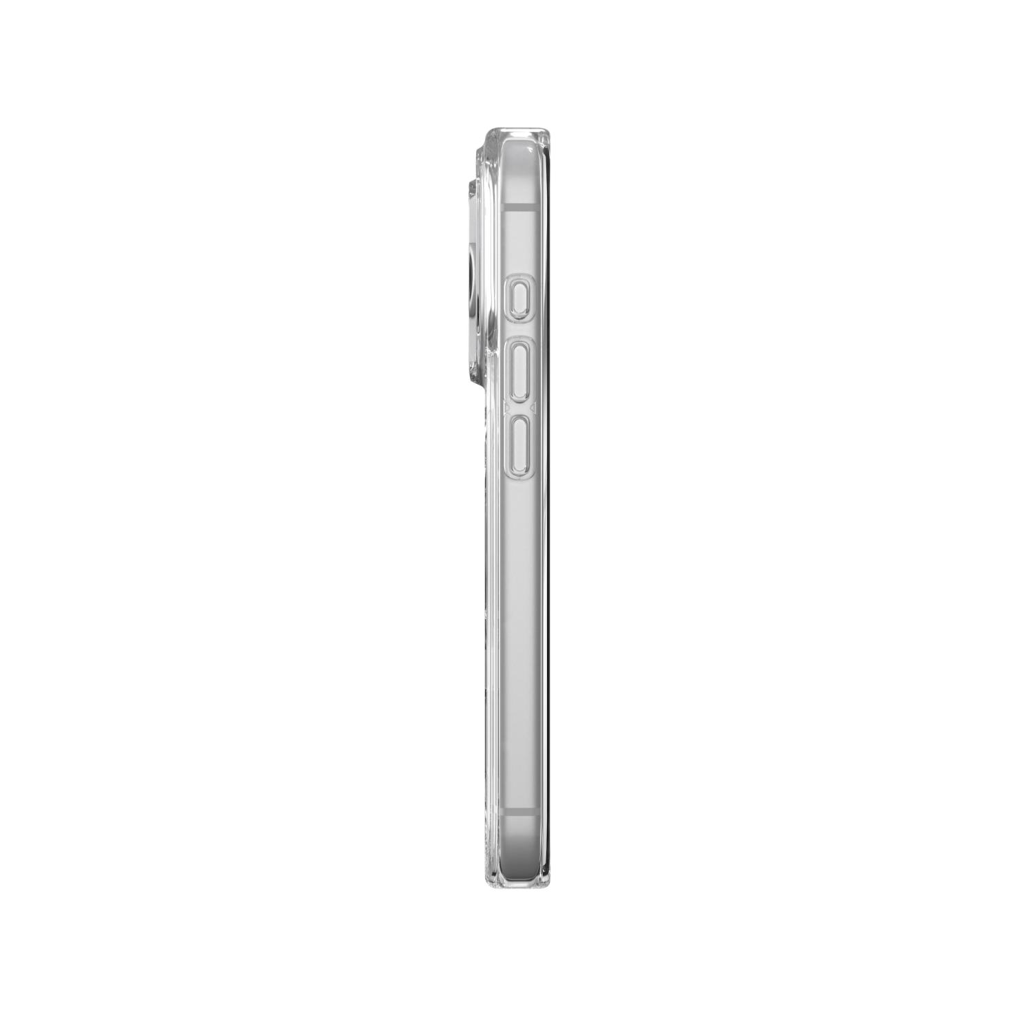 Side profile of the clear ZAGG Crystal Palace Snap Lite case fitted to an Apple iPhone 18 Pro / iPhone 17 Pro, showing three side control covers and the raised camera area.