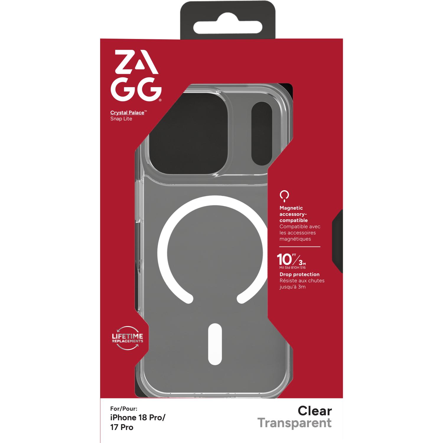 Front of the ZAGG Crystal Palace Snap Lite clear case retail packaging for Apple iPhone 18 Pro / iPhone 17 Pro, with the clear case visible through the package window.