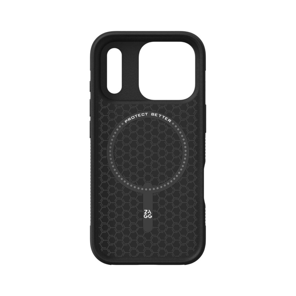 Interior of the black ZAGG Luxe Snap case for iPhone 18 Pro and iPhone 17 Pro showing the circular magnetic ring.