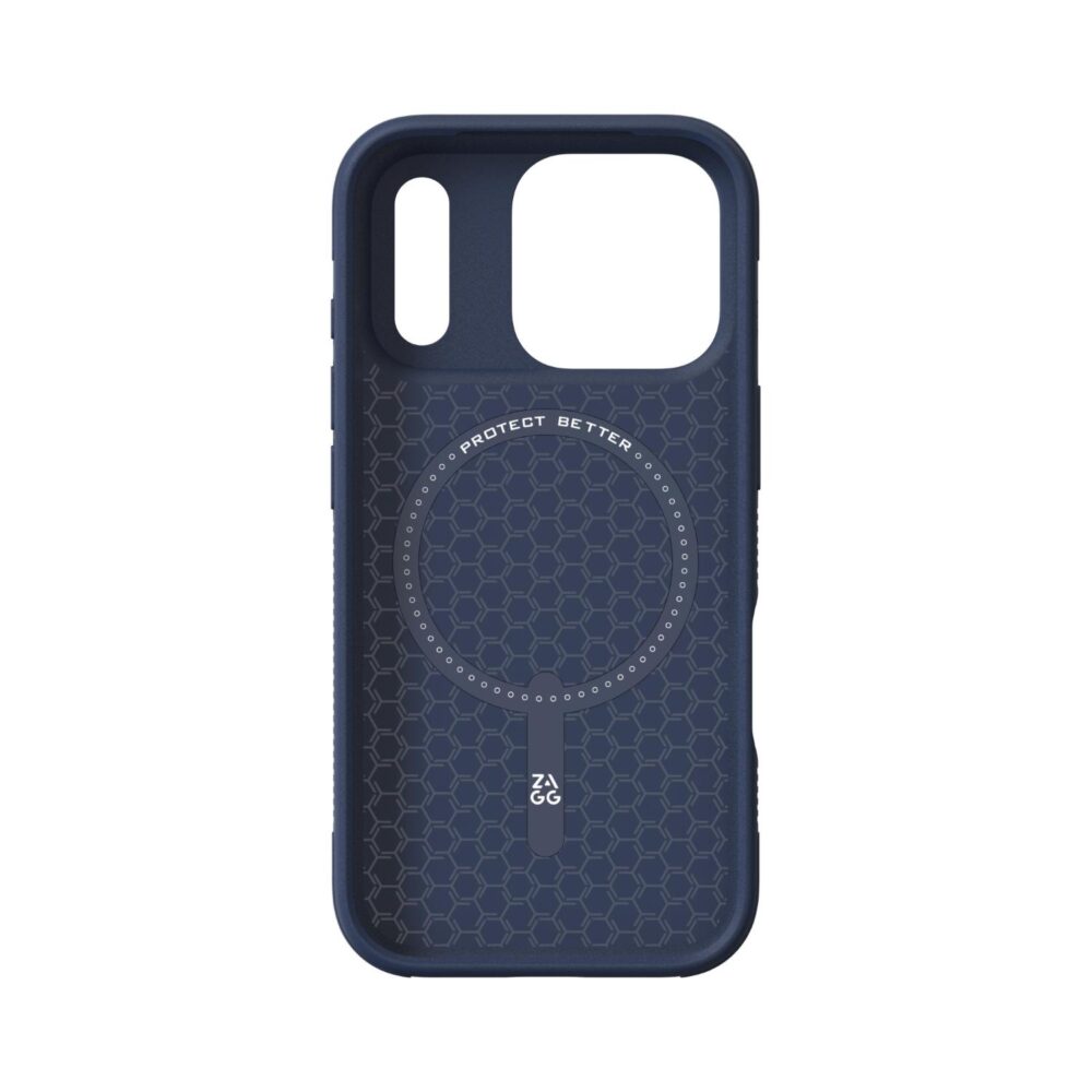 Interior of the navy ZAGG Luxe Snap case for Apple iPhone 18 Pro and iPhone 17 Pro, showing the honeycomb pattern and circular MagSafe ring.