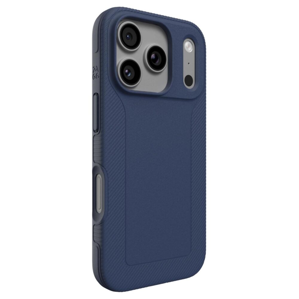 Navy ZAGG Luxe Snap case fitted to an Apple iPhone 18 Pro or iPhone 17 Pro, shown from a rear left angle with the camera area, textured sides and case profile visible.