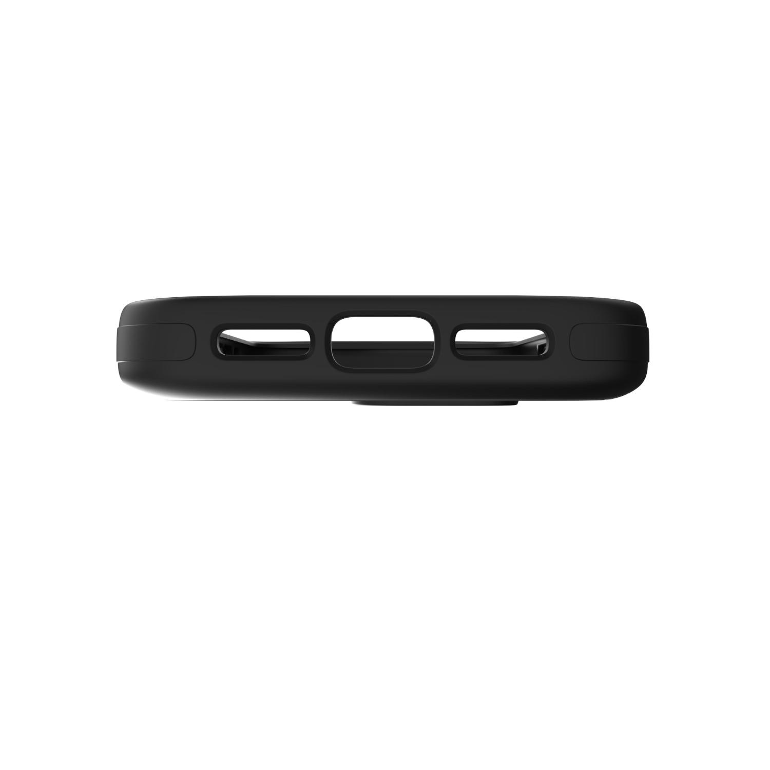 Bottom edge of the empty black ZAGG Sedona Snap case for Apple iPhone 18 Pro / iPhone 17 Pro, showing the central charging-port opening and speaker cut-outs.