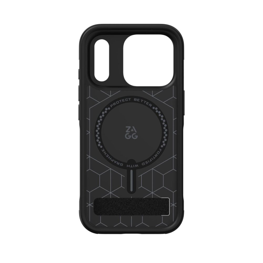 Interior view of the empty black ZAGG Sedona Snap case for Apple iPhone 18 Pro / iPhone 17 Pro, showing the patterned inner surface, circular magnetic area and camera openings.