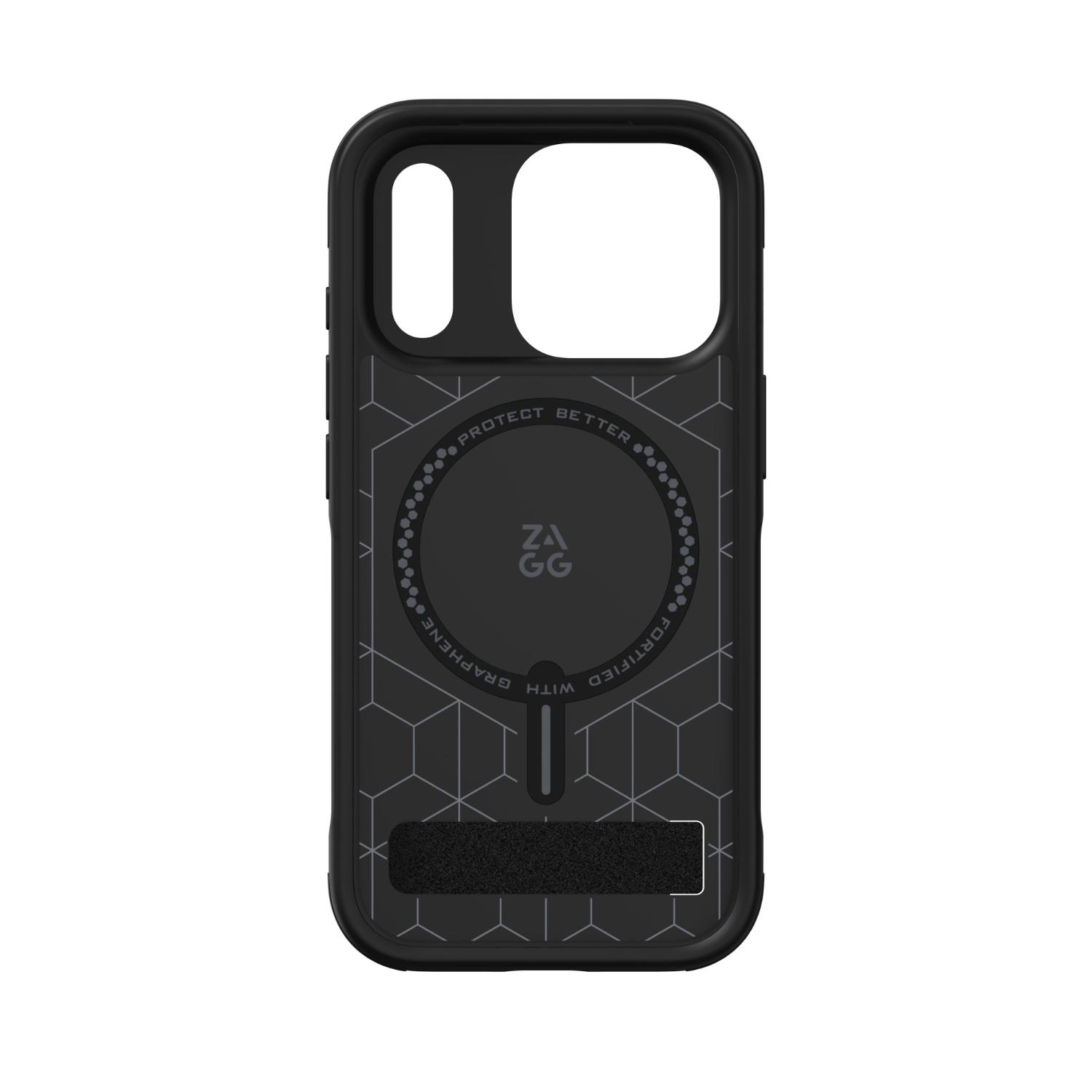 Interior view of the empty black ZAGG Sedona Snap case for Apple iPhone 18 Pro / iPhone 17 Pro, showing the patterned inner surface, circular magnetic area and camera openings.