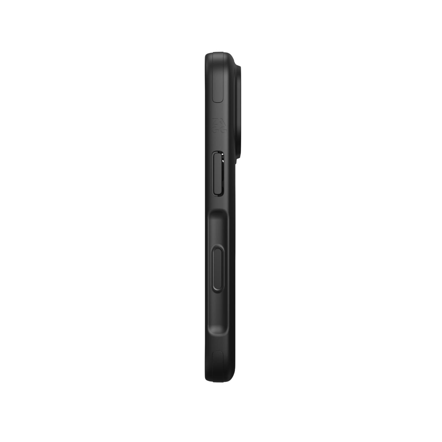Opposite side profile of the empty black ZAGG Sedona Snap case for Apple iPhone 18 Pro / iPhone 17 Pro, showing two side control covers and the raised camera area.
