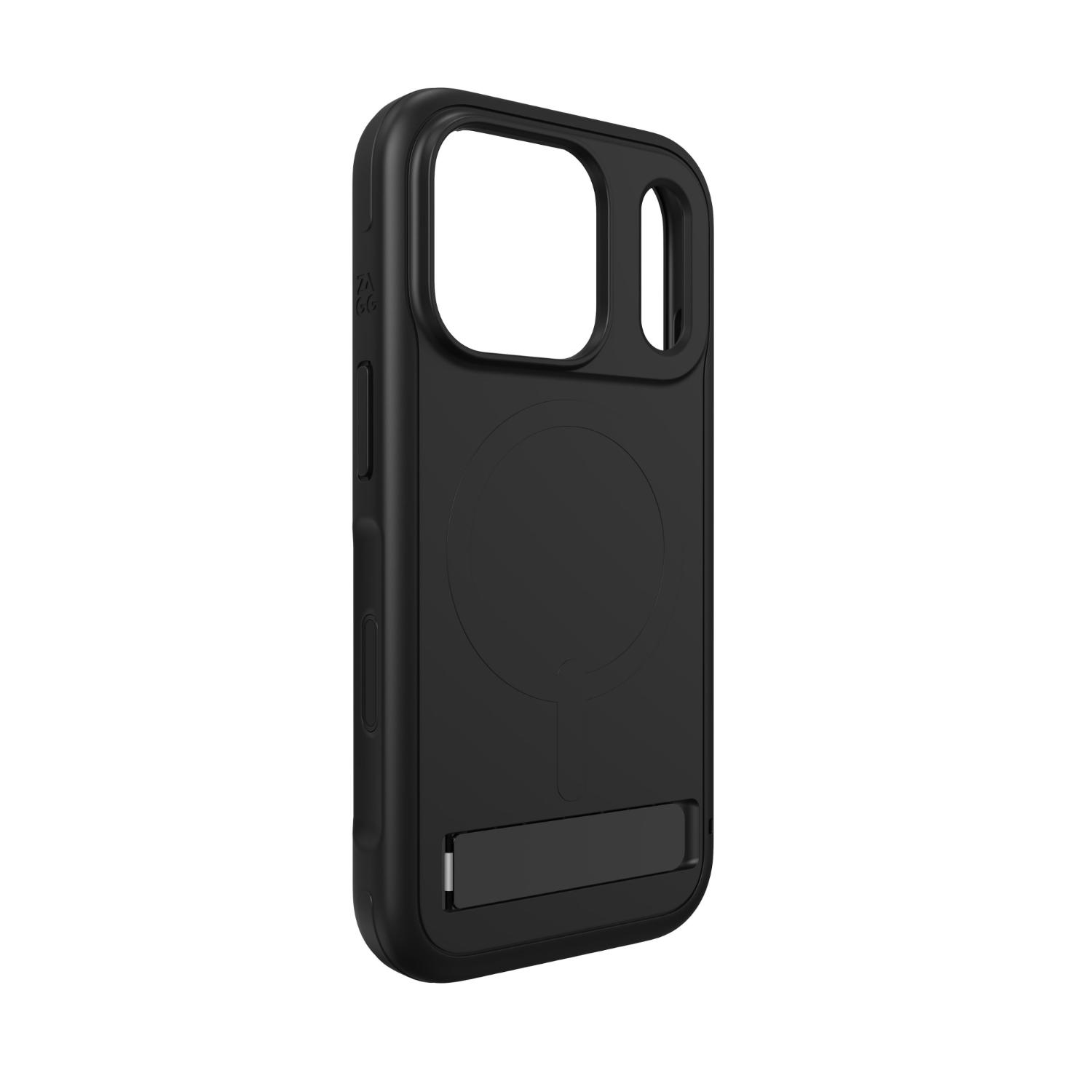 Opposite rear three-quarter view of the empty black ZAGG Sedona Snap case for Apple iPhone 18 Pro / iPhone 17 Pro, showing the large camera opening, magnetic-ring outline and closed kickstand.