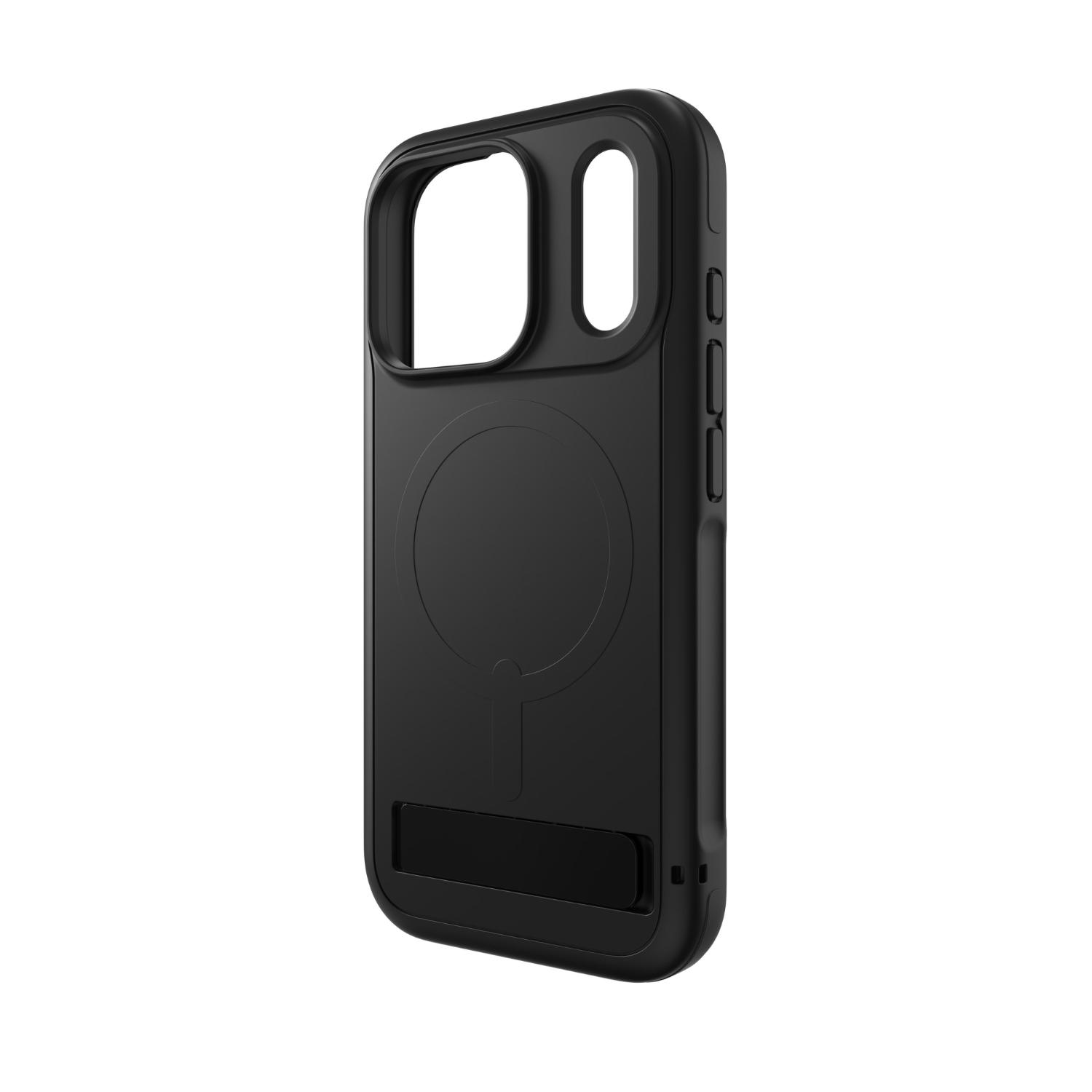 Rear three-quarter view of the empty black ZAGG Sedona Snap case for Apple iPhone 18 Pro / iPhone 17 Pro, showing the camera openings, magnetic-ring outline and closed kickstand.
