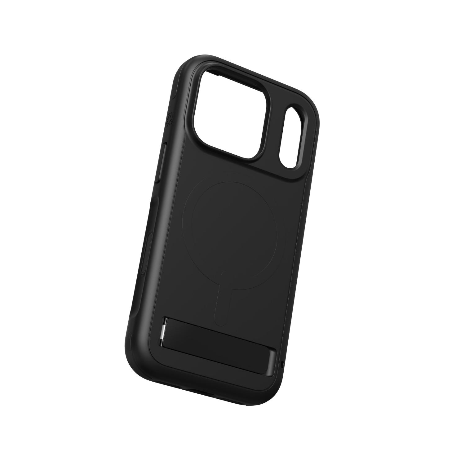 Tilted rear view of the empty black ZAGG Sedona Snap case for Apple iPhone 18 Pro / iPhone 17 Pro, showing the camera openings, magnetic-ring outline and closed kickstand.