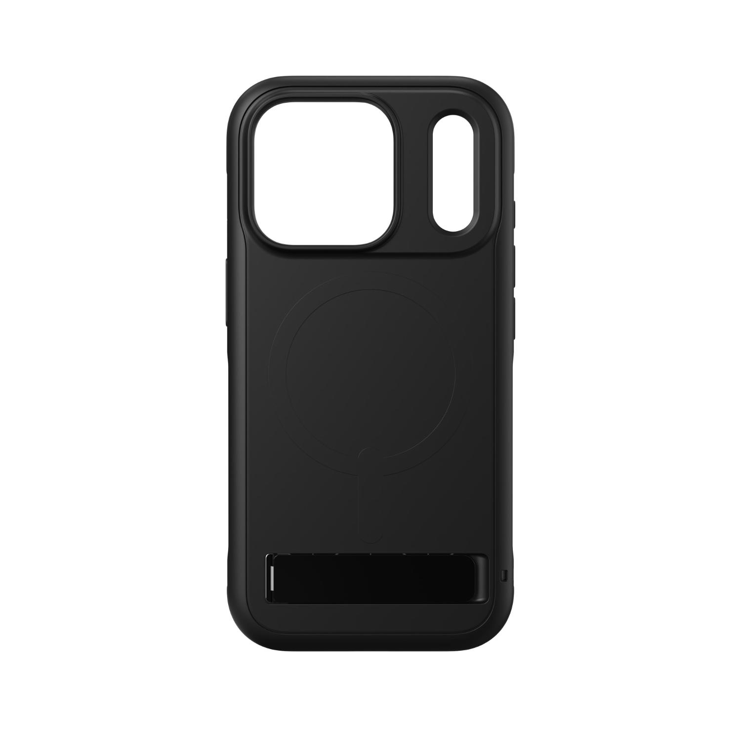 Rear view of the empty black ZAGG Sedona Snap case for Apple iPhone 18 Pro / iPhone 17 Pro, showing the circular magnetic outline and integrated kickstand in the closed position.