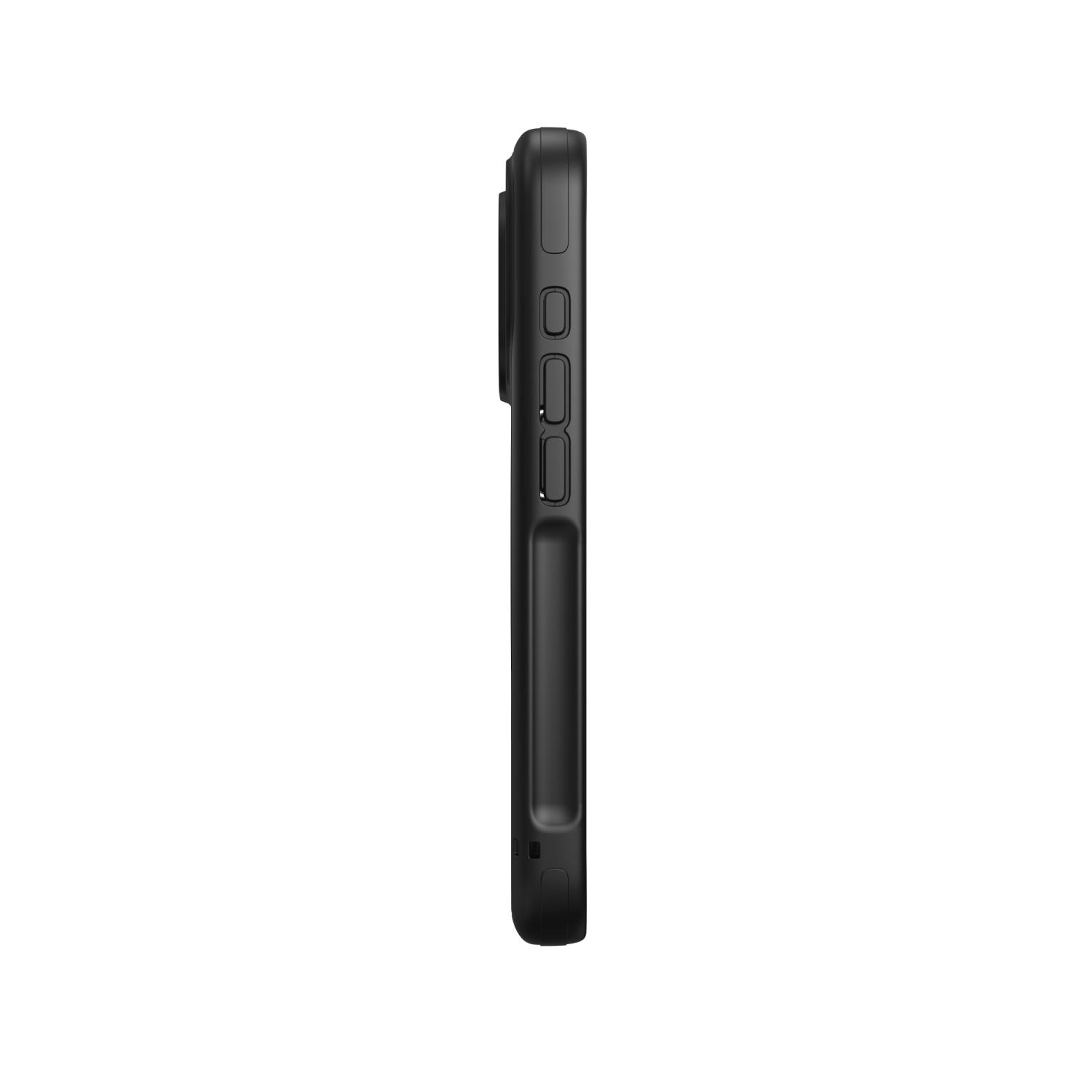 Side profile of the empty black ZAGG Sedona Snap case for Apple iPhone 18 Pro / iPhone 17 Pro, showing three side control covers and the raised camera area.