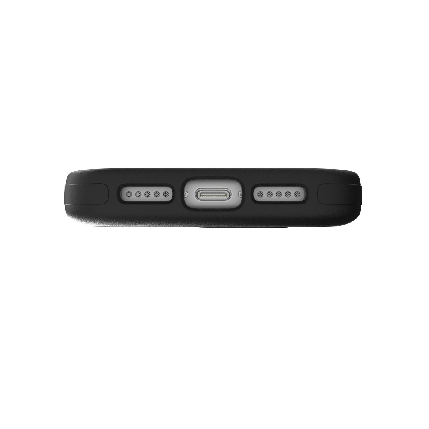 Bottom edge view of an Apple iPhone 18 Pro / iPhone 17 Pro fitted with the black ZAGG Sedona Snap case, showing the charging-port opening and speaker cut-outs.