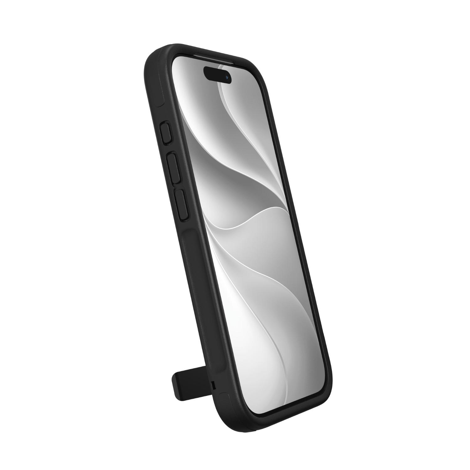 Front angled view of an Apple iPhone 18 Pro / iPhone 17 Pro fitted with the black ZAGG Sedona Snap case, shown standing with the integrated kickstand opened.