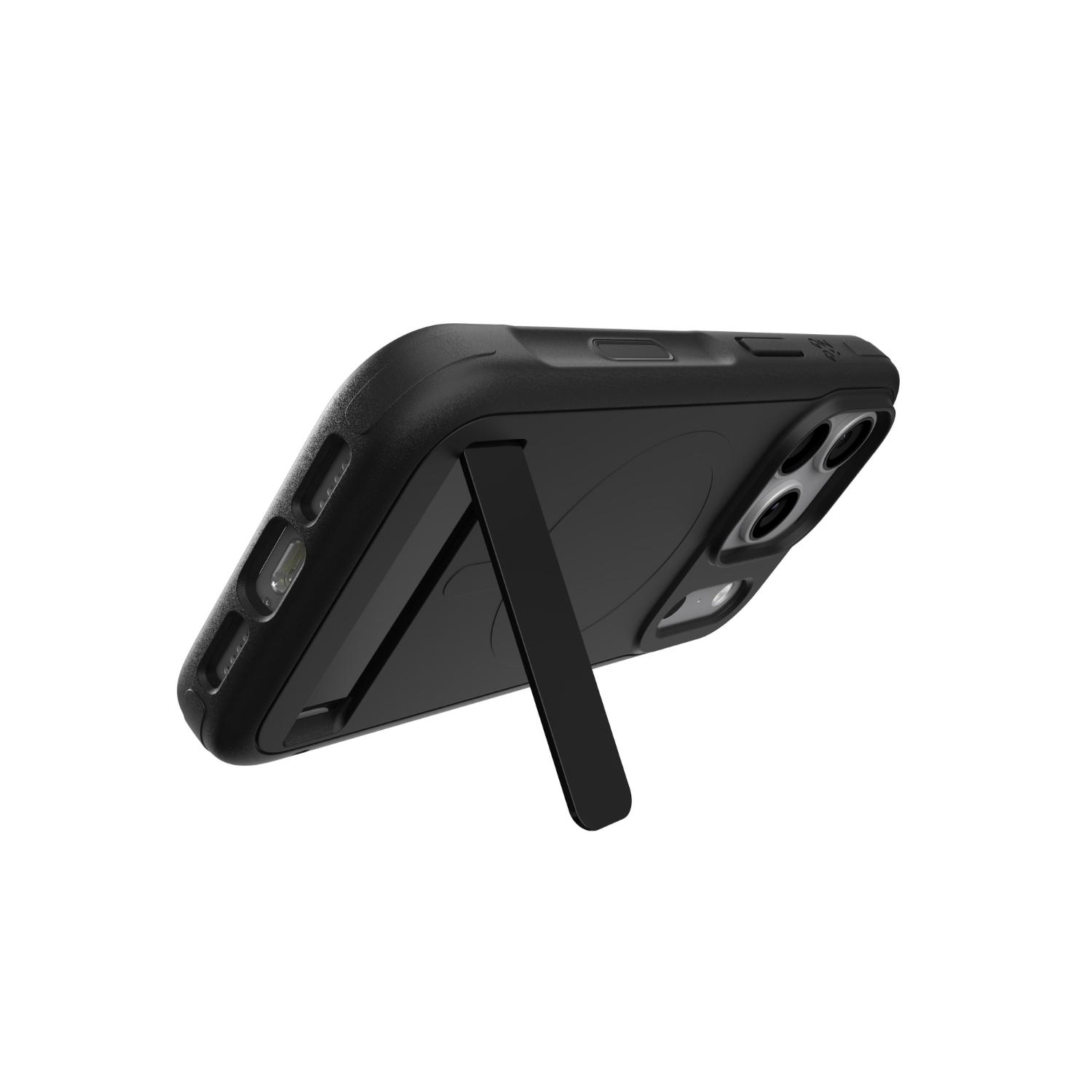 Apple iPhone 18 Pro / iPhone 17 Pro fitted with the black ZAGG Sedona Snap case and shown supported in landscape orientation by the integrated kickstand.