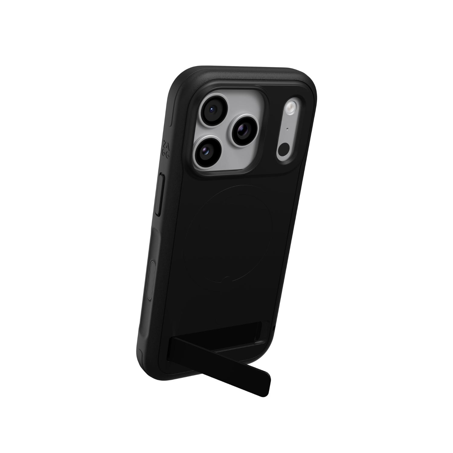 Rear angled view of an Apple iPhone 18 Pro / iPhone 17 Pro fitted with the black ZAGG Sedona Snap case, with the integrated kickstand opened.
