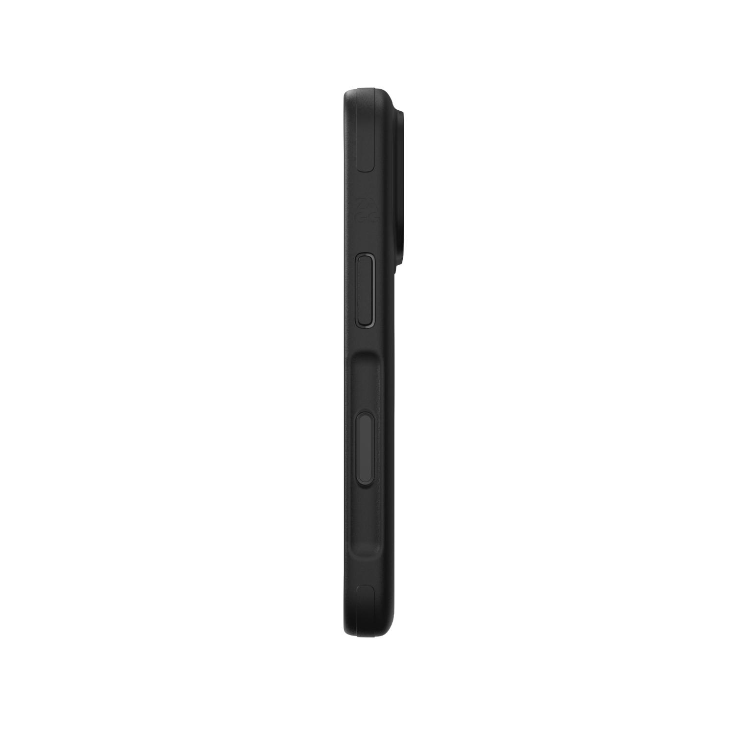 Opposite side profile of an Apple iPhone 18 Pro / iPhone 17 Pro fitted with the black ZAGG Sedona Snap case, showing the side controls and raised camera area.